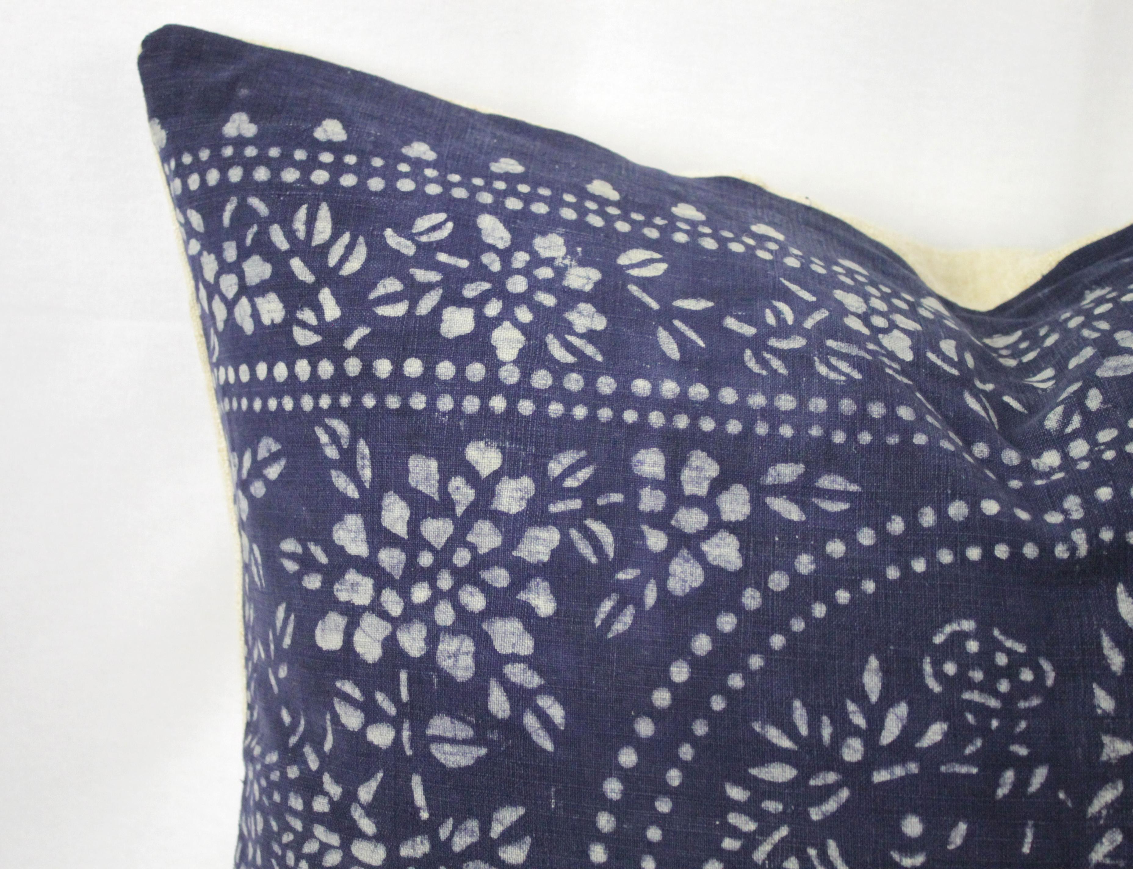Vintage Indigo Batik Style Pillow In Good Condition In Brea, CA