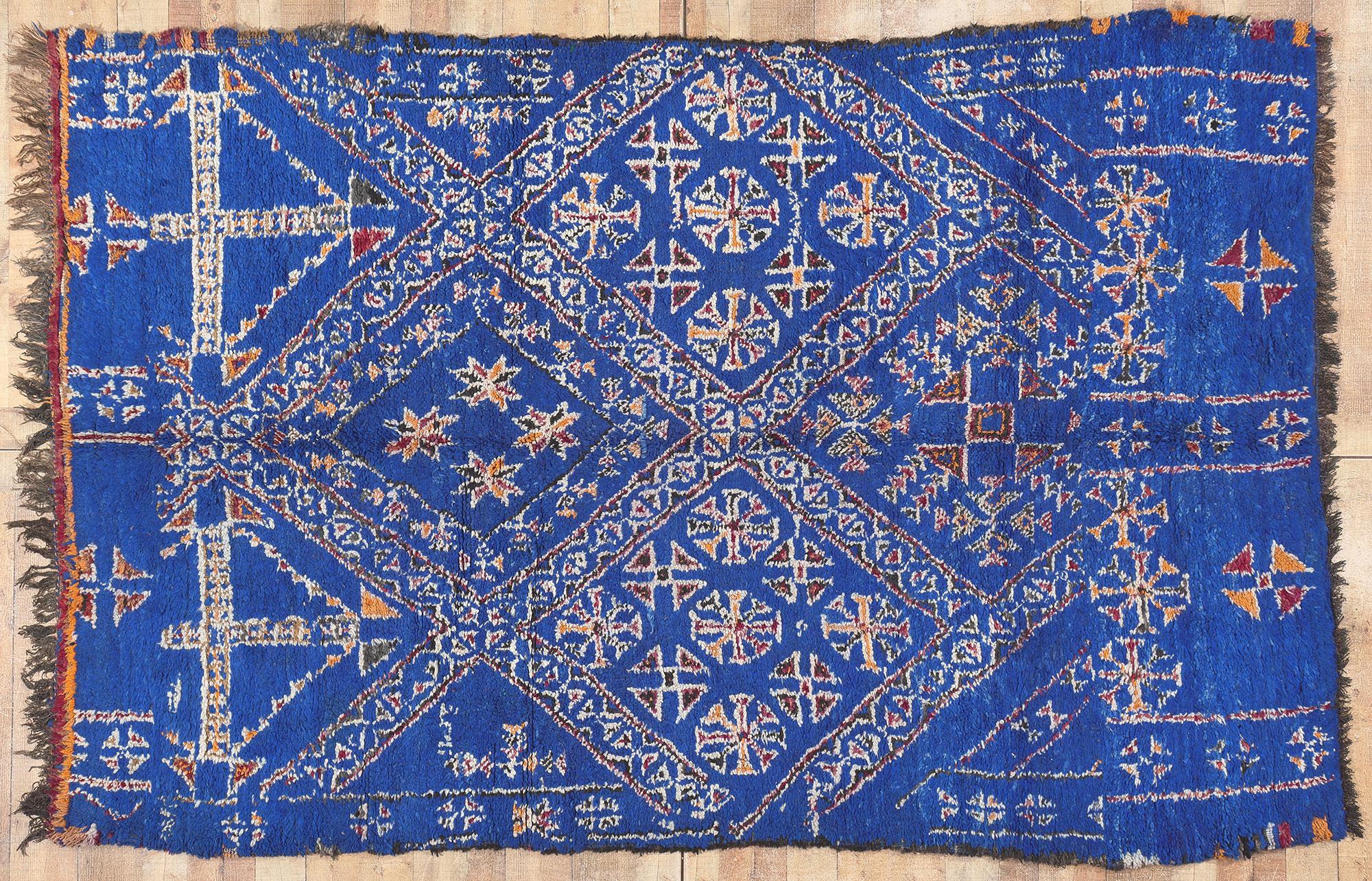 Wool Vintage Blue Beni MGuild Moroccan Rug, Tribal Enchantment Meets Cozy Nomad For Sale