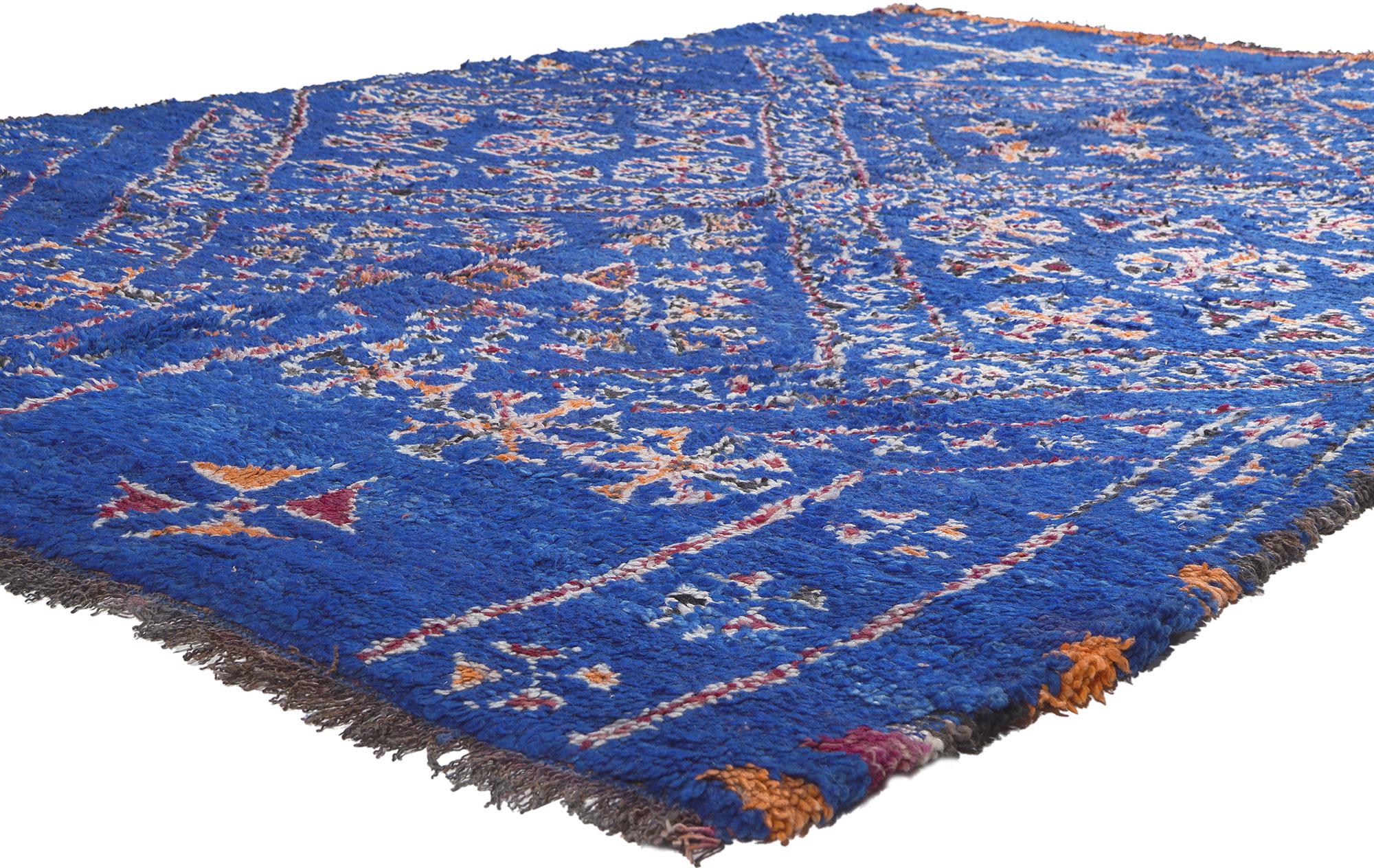 21034 Vintage Blue Beni Mguild Moroccan Rug, 06'10 x 10'06. Woven with the enchanting expertise of Berber women from the Ait M'Guild tribe in the mystical Atlas Mountains of Morocco, Beni Mguild rugs are revered for their masterful craftsmanship and
