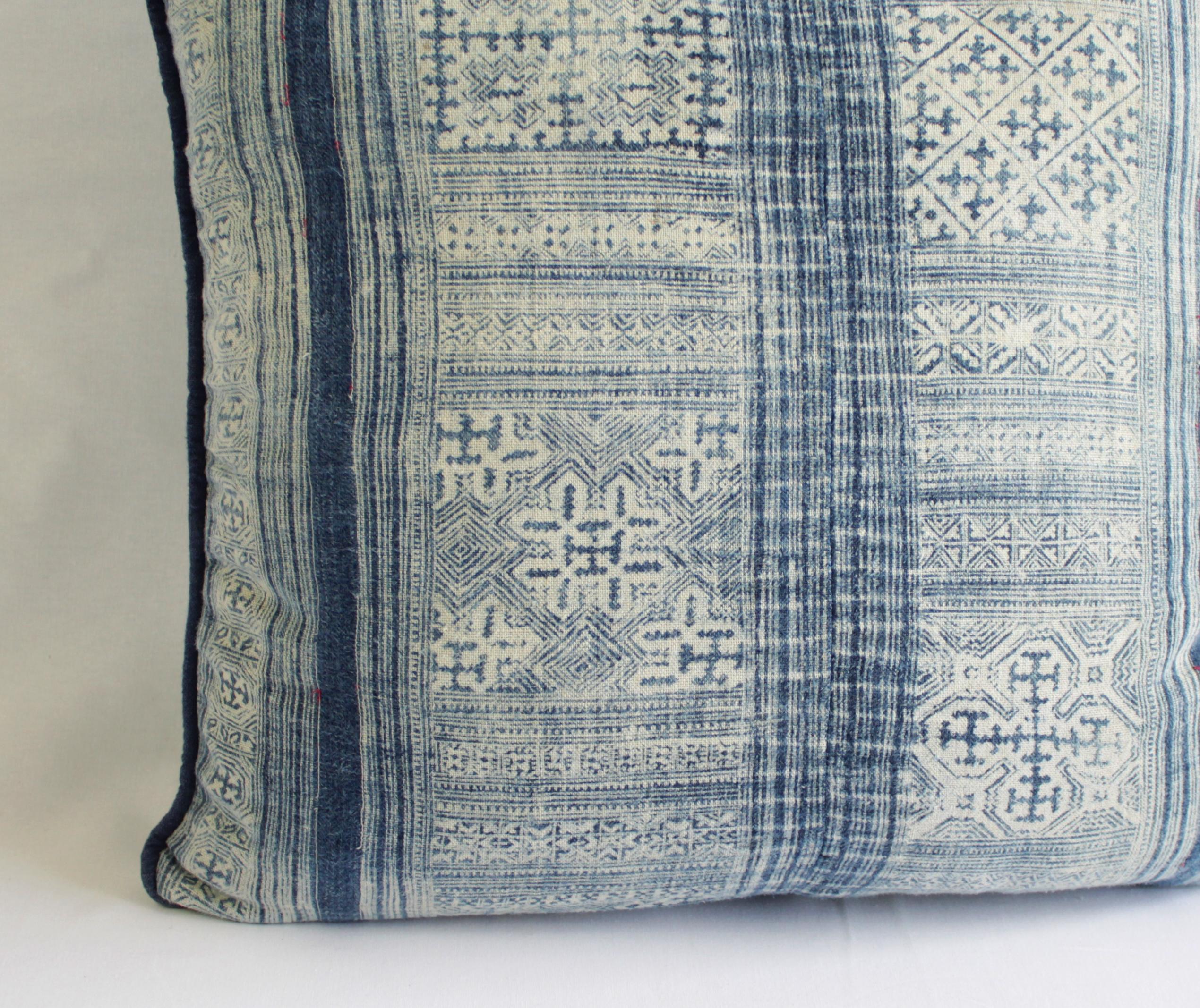19th Century Vintage Indigo Blue and White Batik Pattern Pillow