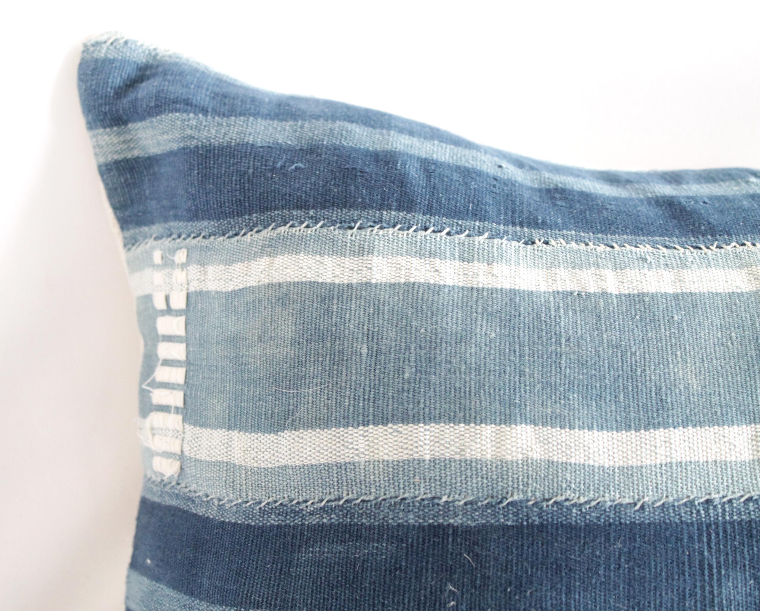 Vintage Indigo Blue and White Stirpe Mudcloth Lumbar Pillow In Good Condition In Brea, CA