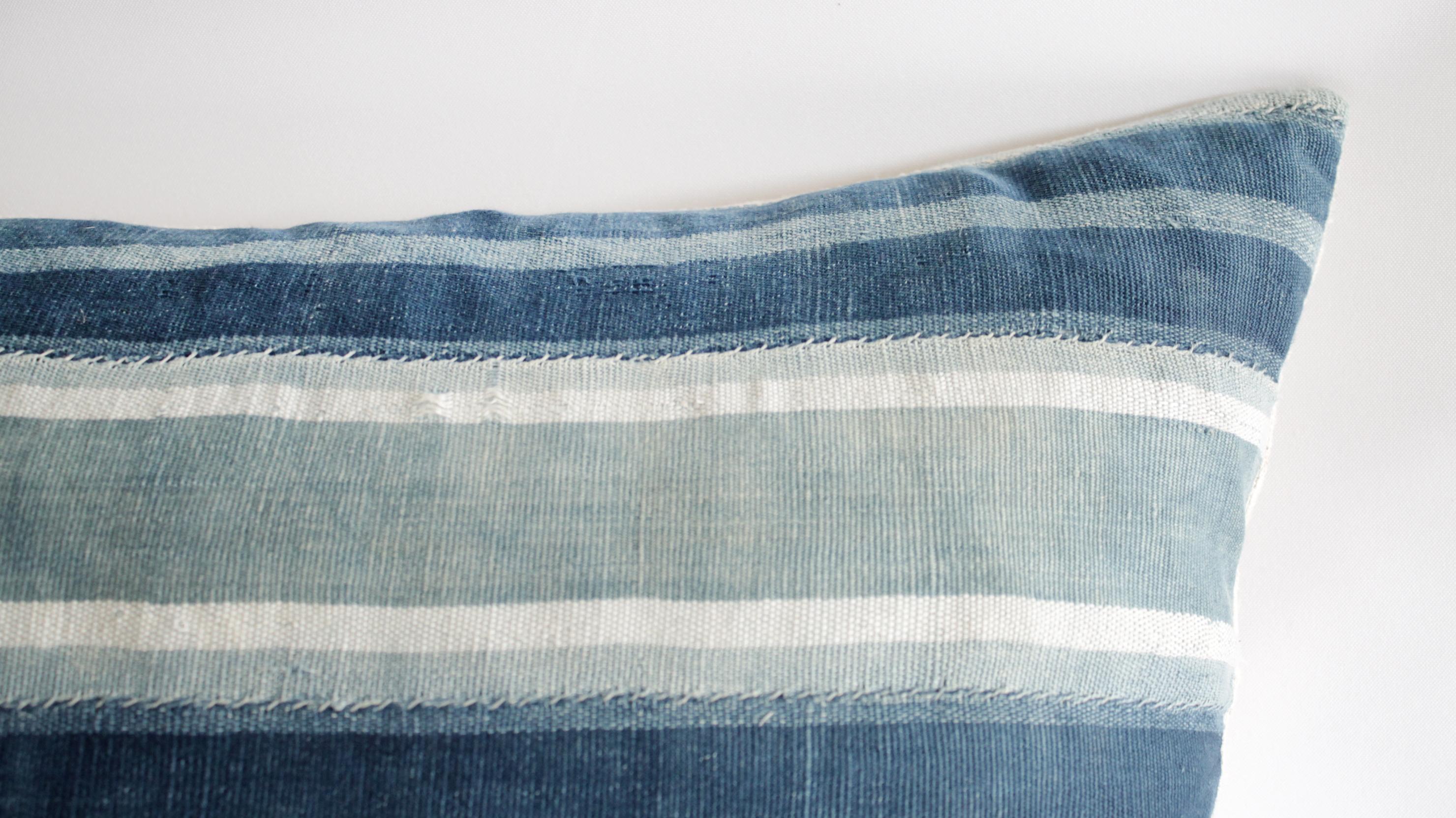 Linen Vintage Indigo Blue and White Stirpe Mudcloth Lumbar Pillow