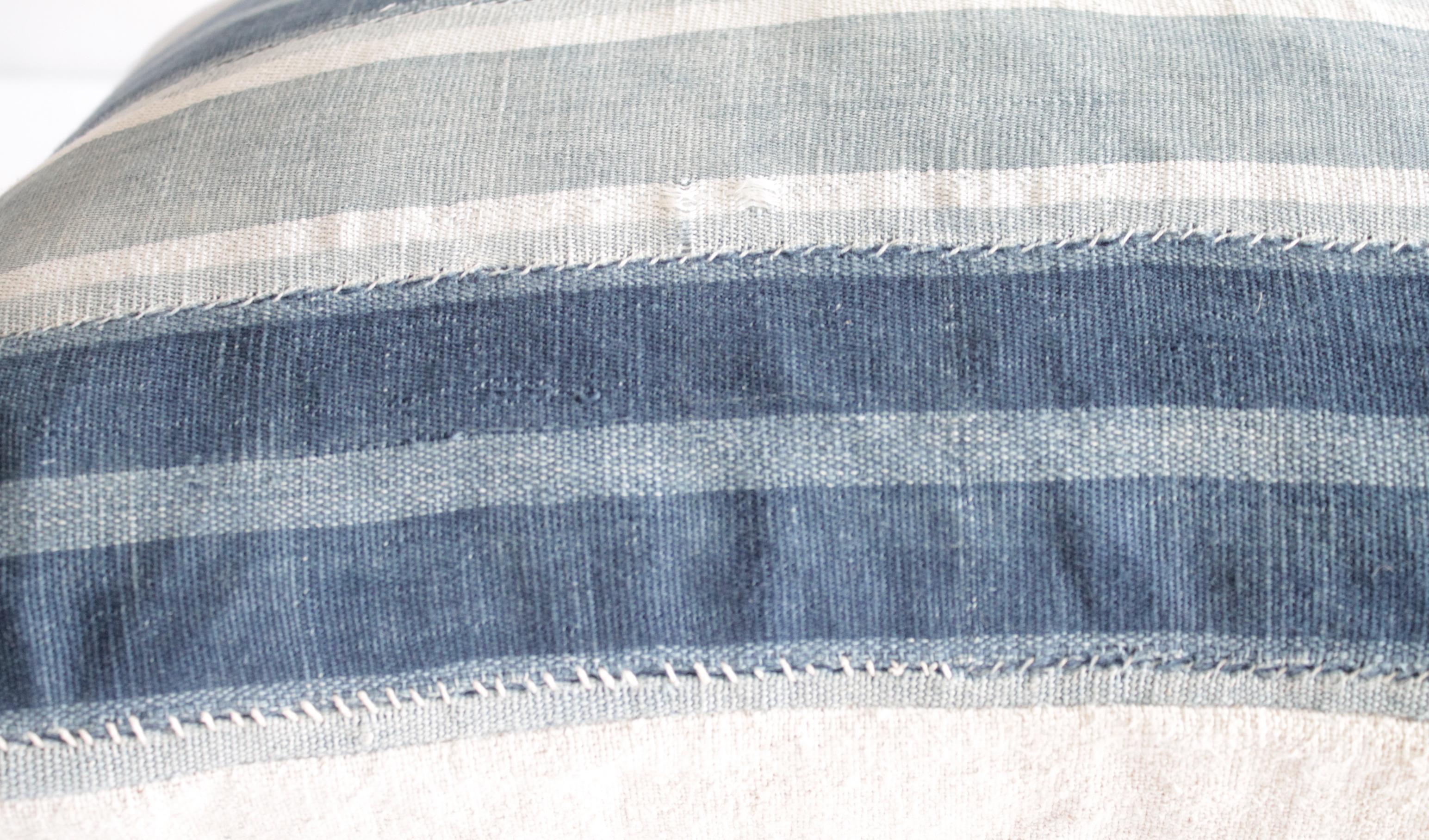 Vintage Indigo Blue and White Stirpe Mudcloth Lumbar Pillow 1