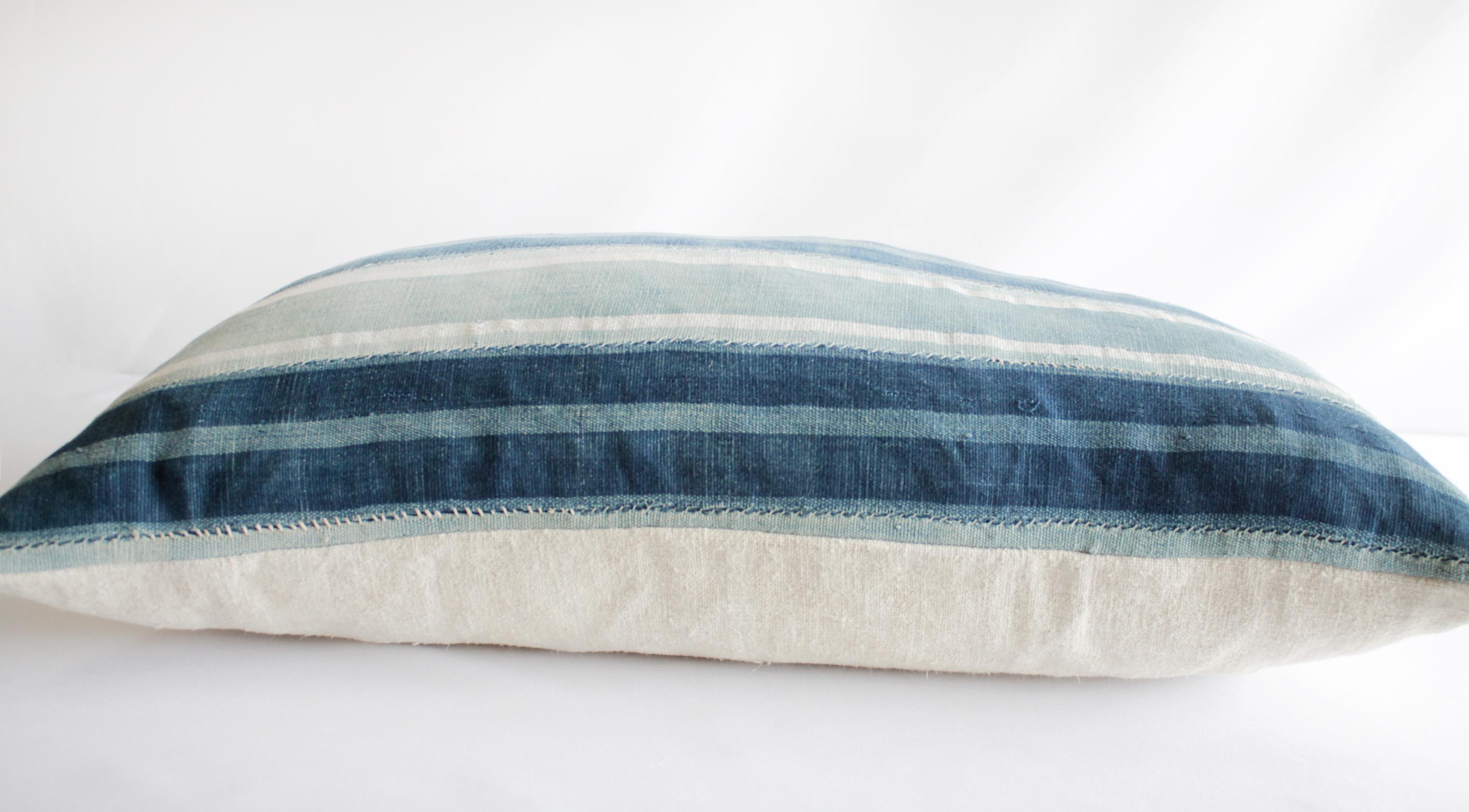 Vintage Indigo Blue and White Stirpe Mudcloth Lumbar Pillow 2