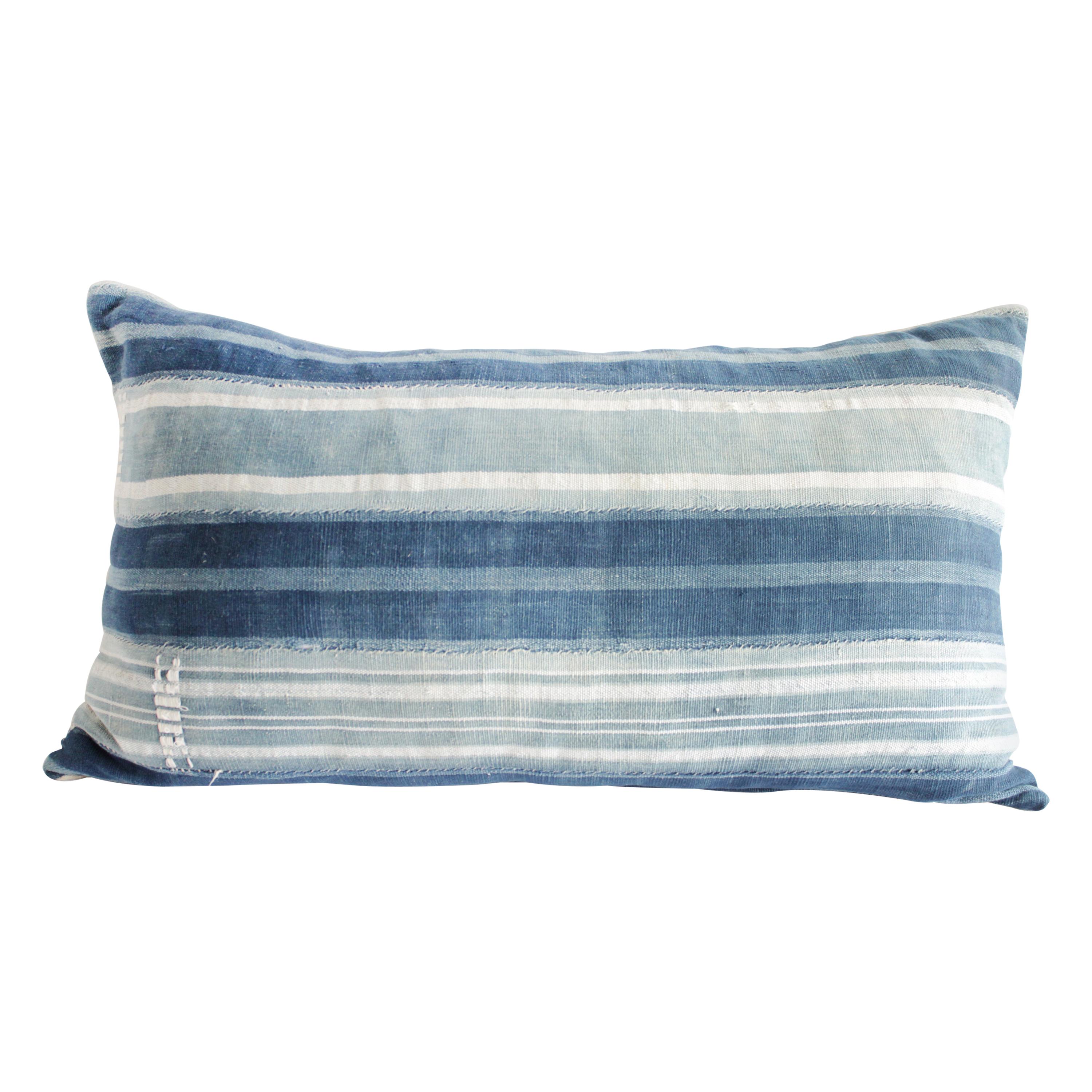 Vintage Indigo Blue and White Stirpe Mudcloth Lumbar Pillow