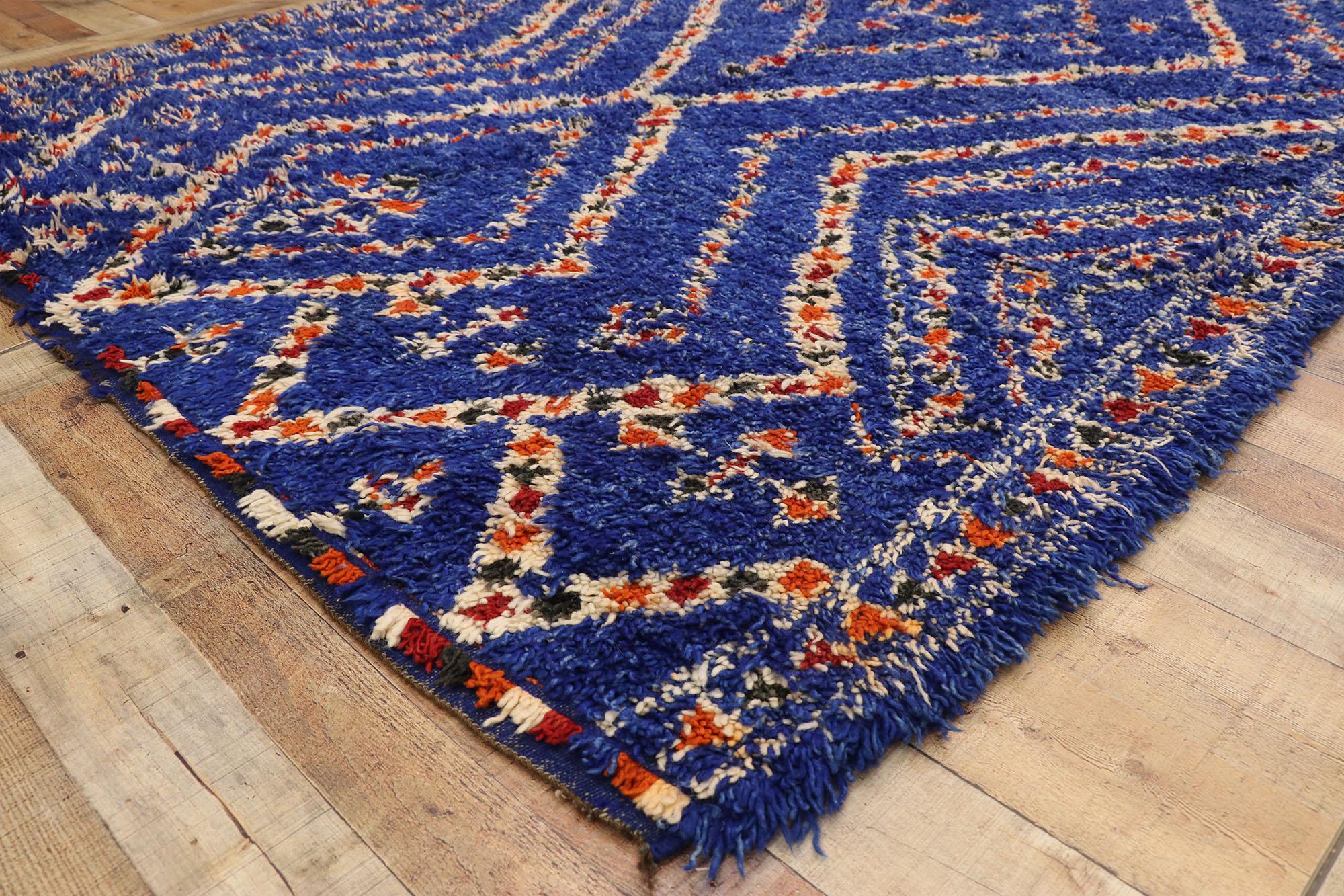 Vintage Indigo Blue Beni M'Guild Moroccan Rug with Modern Boho Tribal Style In Good Condition In Dallas, TX