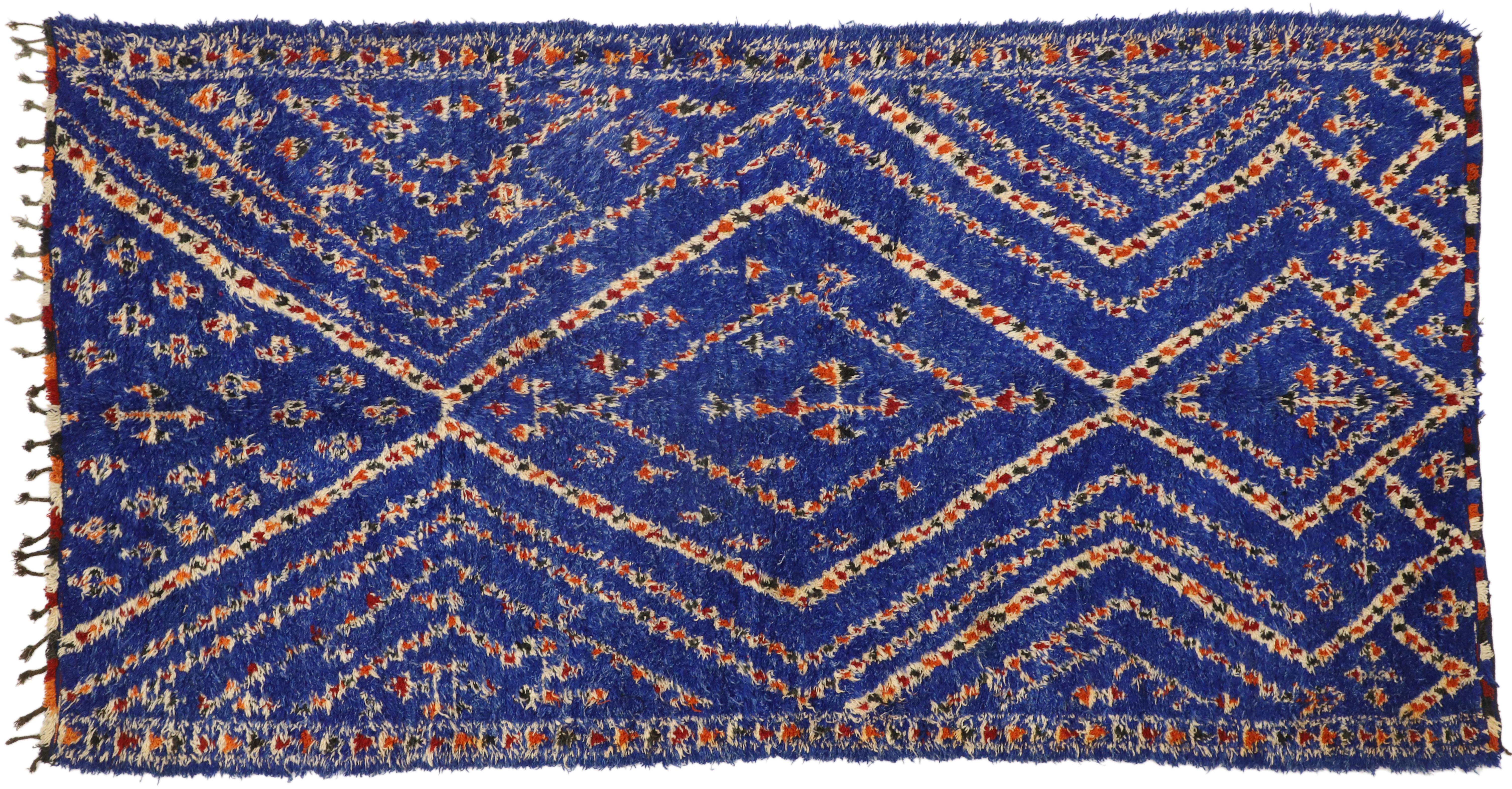 Vintage Indigo Blue Beni M'Guild Moroccan Rug with Modern Boho Tribal Style 1