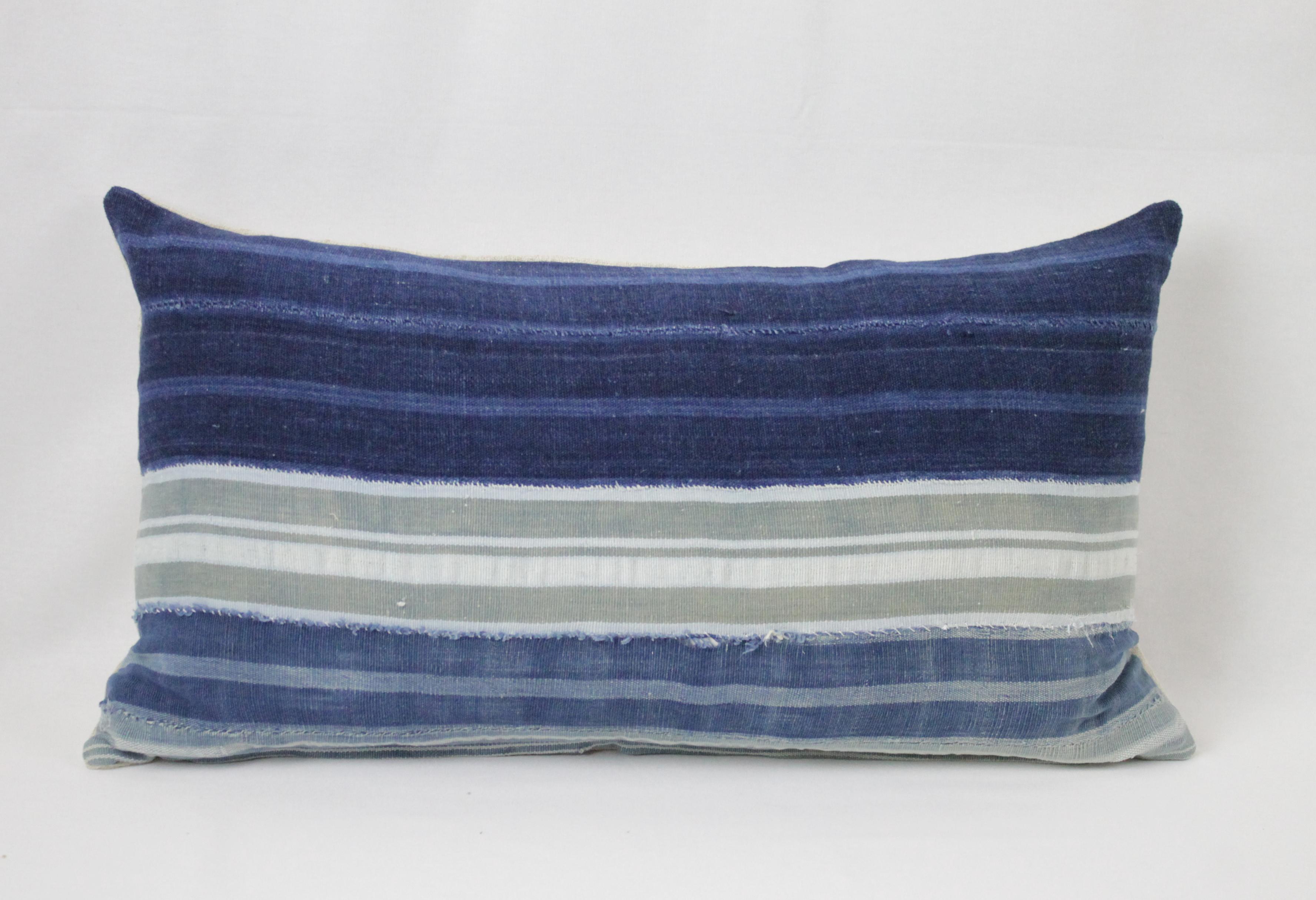Vintage Indigo Blue Horizontal Stripe Batik Style Pillow 5