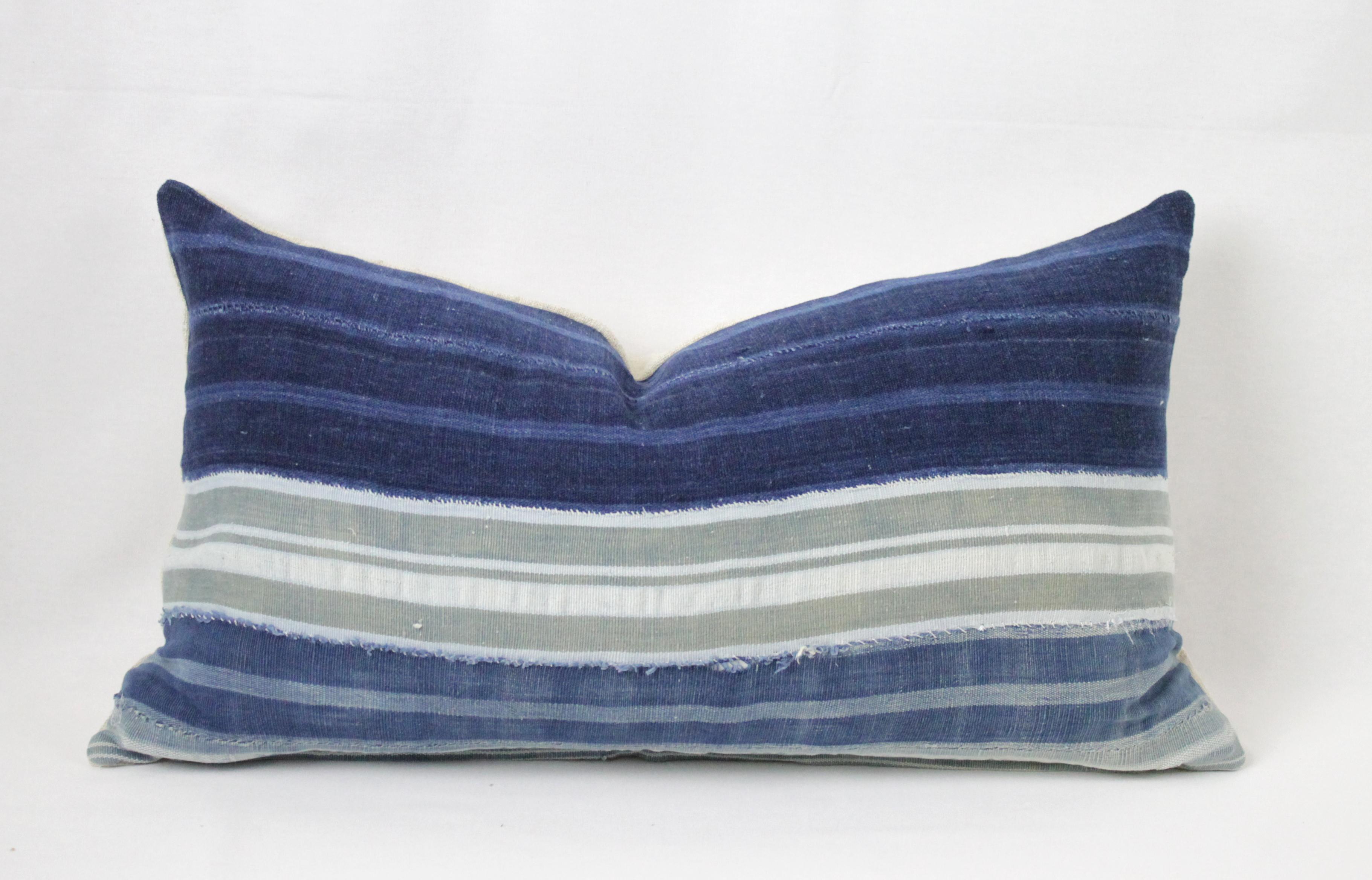 Vintage Indigo Blue Horizontal Stripe Batik Style Pillow 6