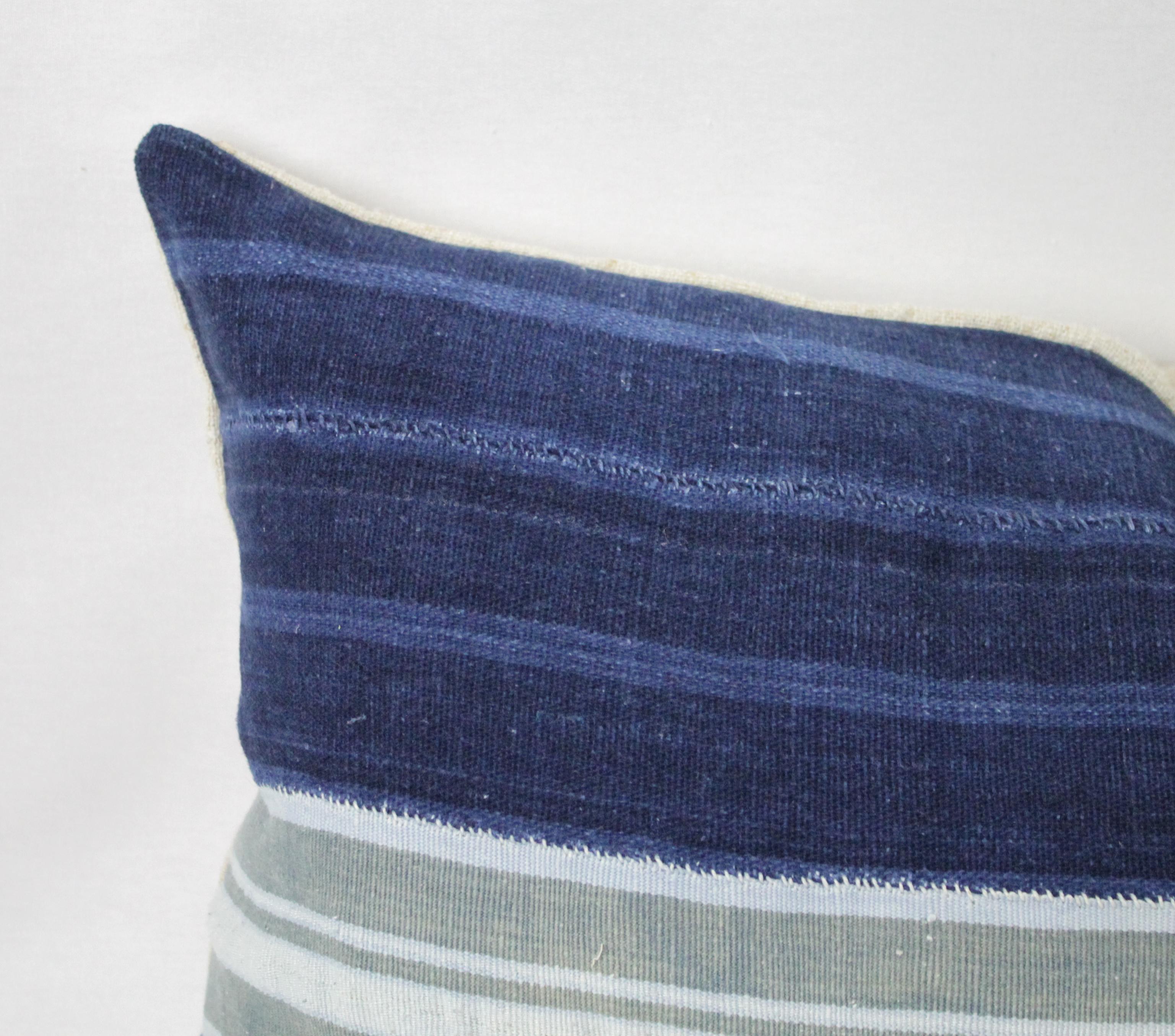 Vintage Indigo Blue Horizontal Stripe Batik Style Pillow 7