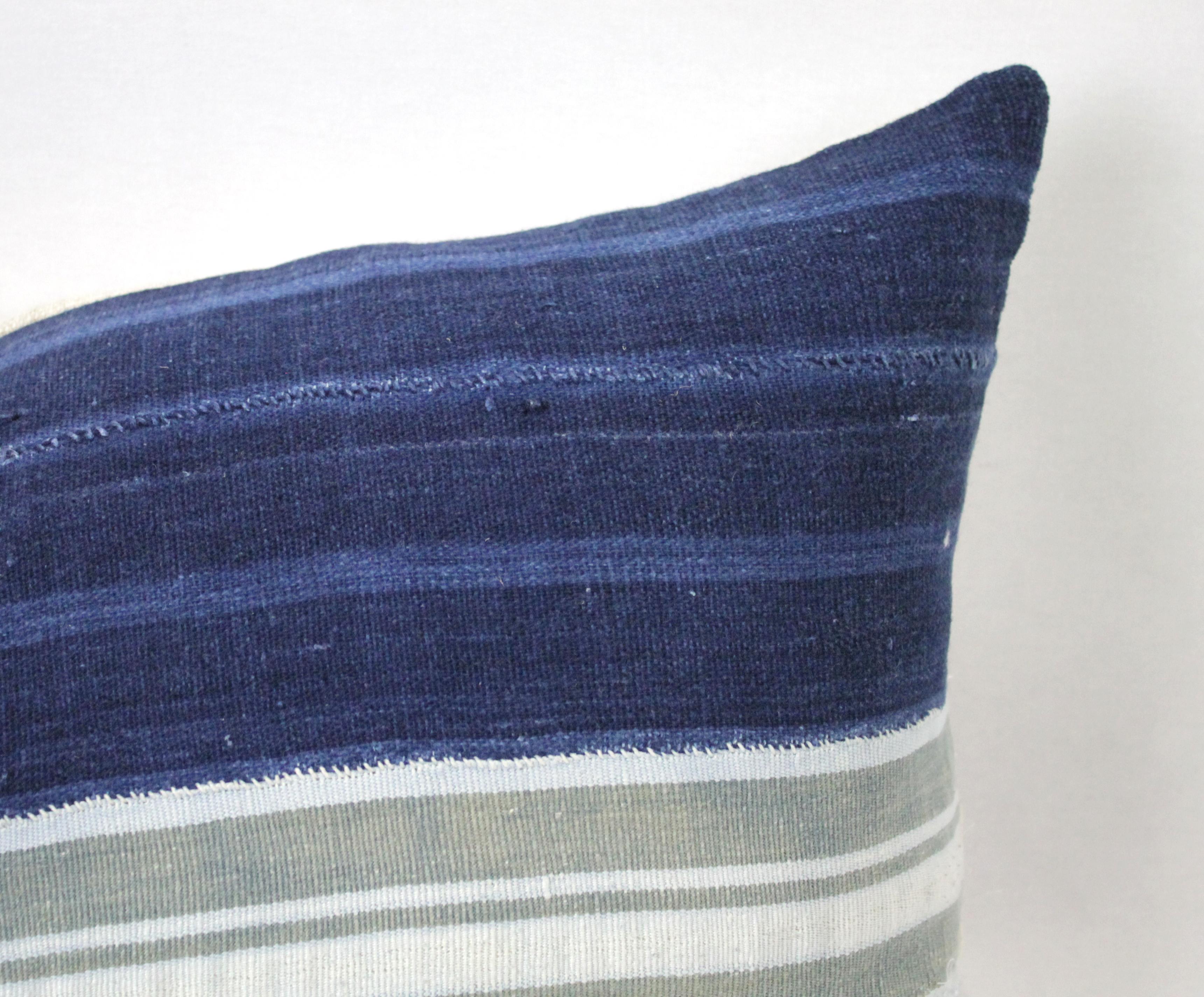 Vintage Indigo Blue Horizontal Stripe Batik Style Pillow 8