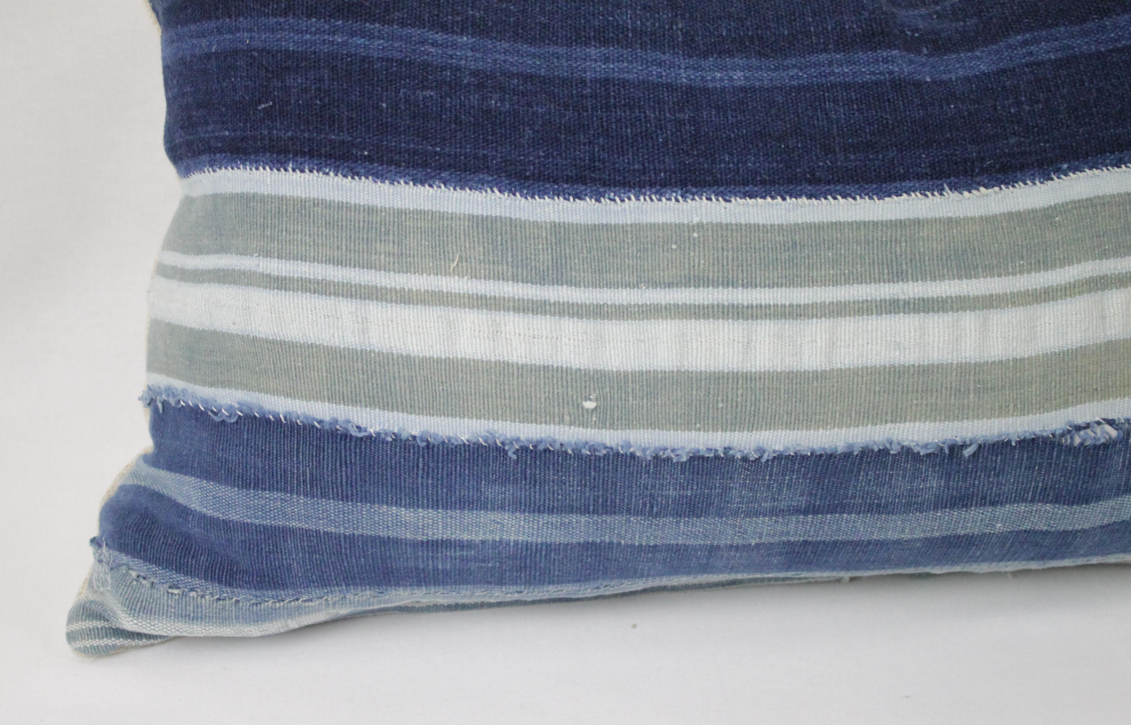 Vintage Indigo Blue Horizontal Stripe Batik Style Pillow 10
