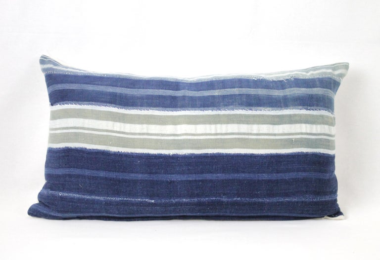 Vintage Indigo Blue Horizontal Stripe Batik Style Pillow For Sale at