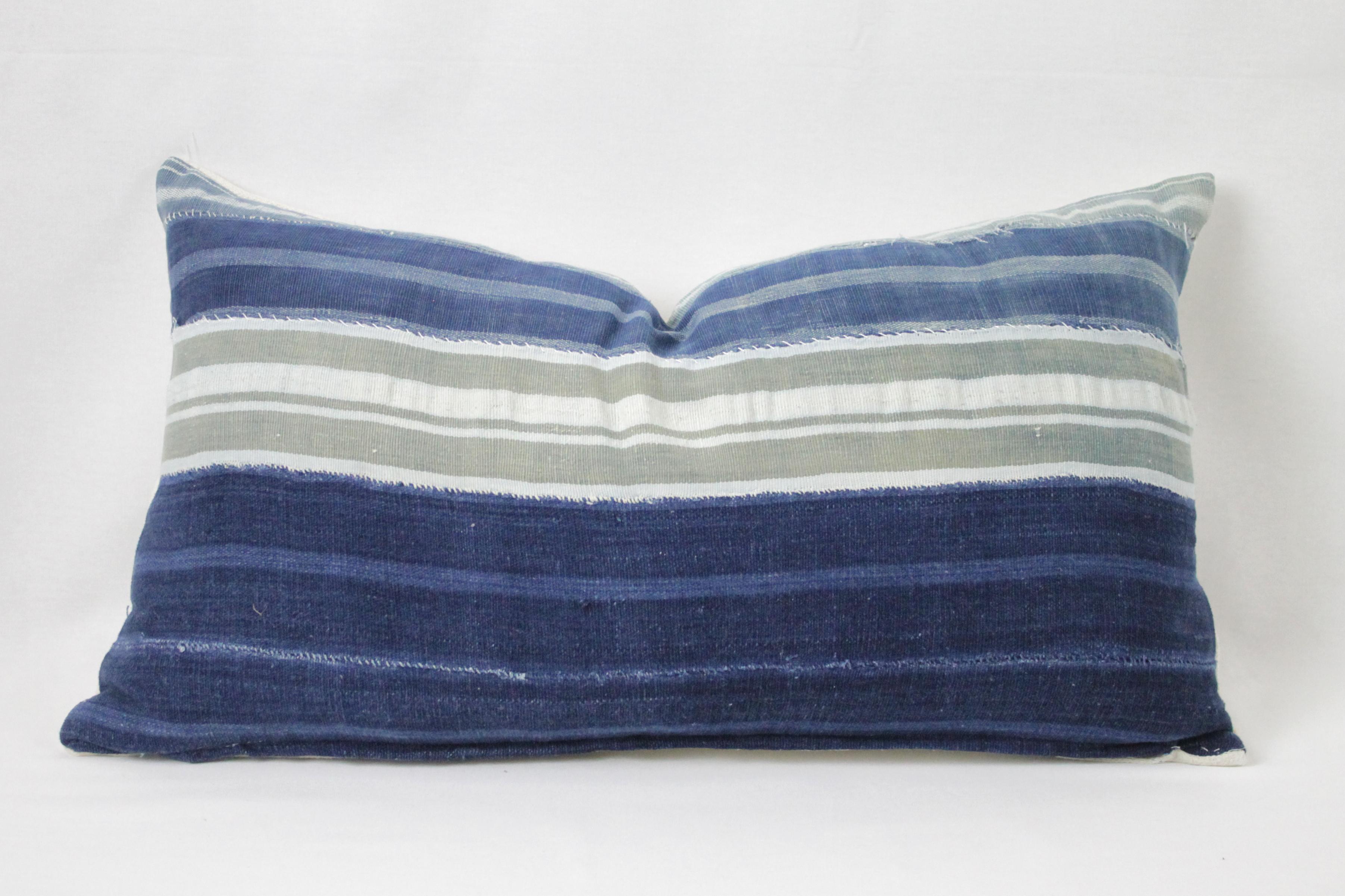 Vintage Indigo Blue Horizontal Stripe Batik Style Pillow In Good Condition In Brea, CA