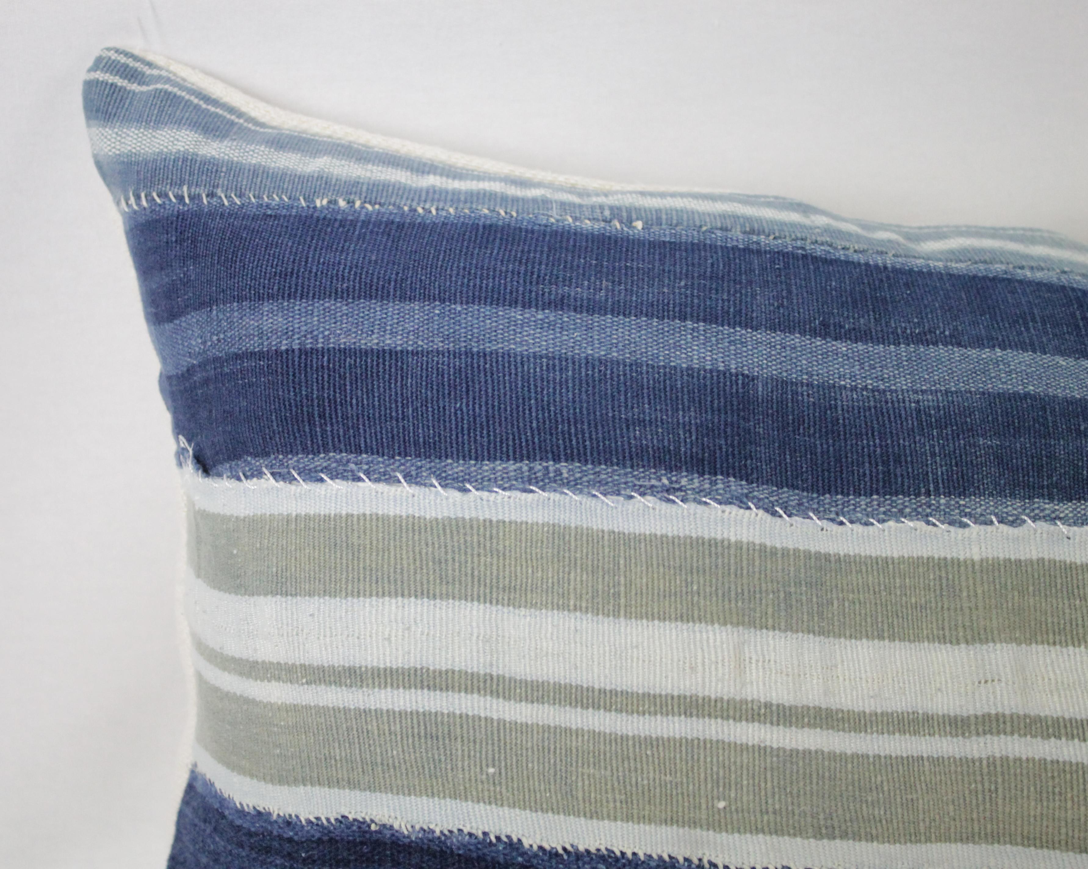 20th Century Vintage Indigo Blue Horizontal Stripe Batik Style Pillow