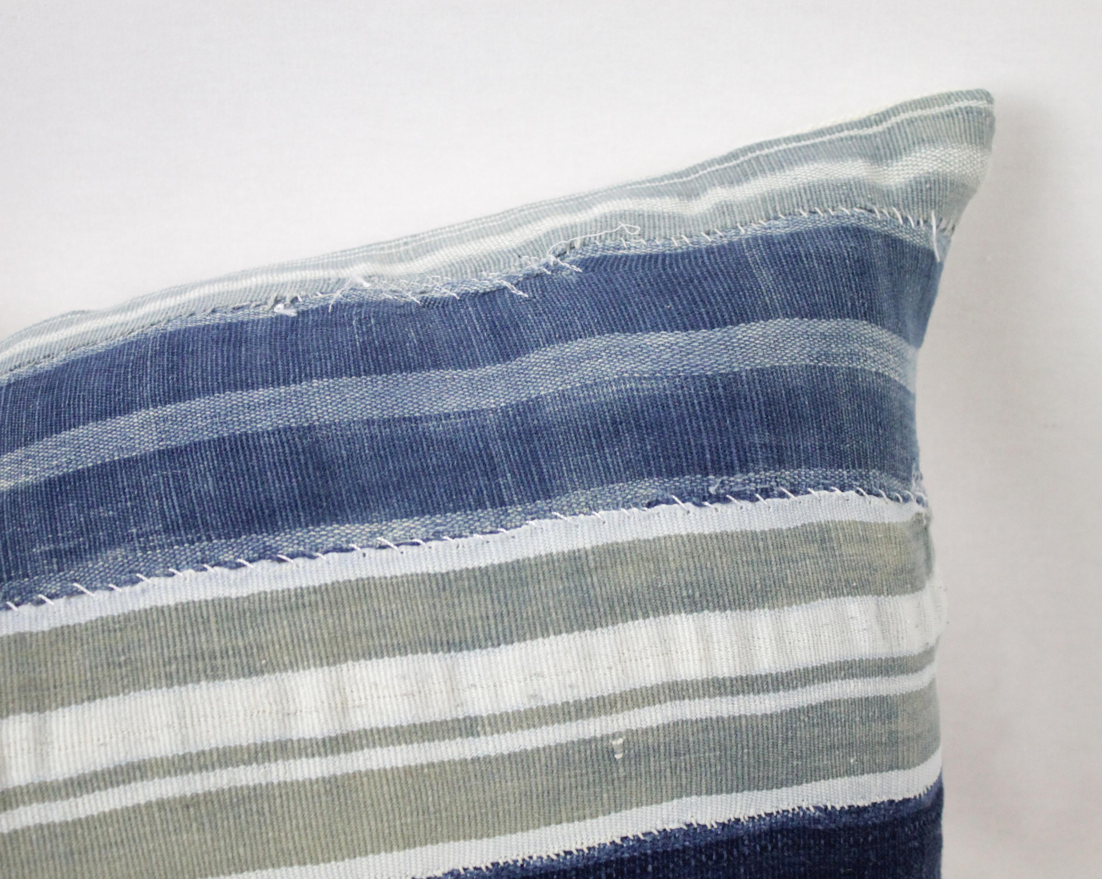 Cotton Vintage Indigo Blue Horizontal Stripe Batik Style Pillow