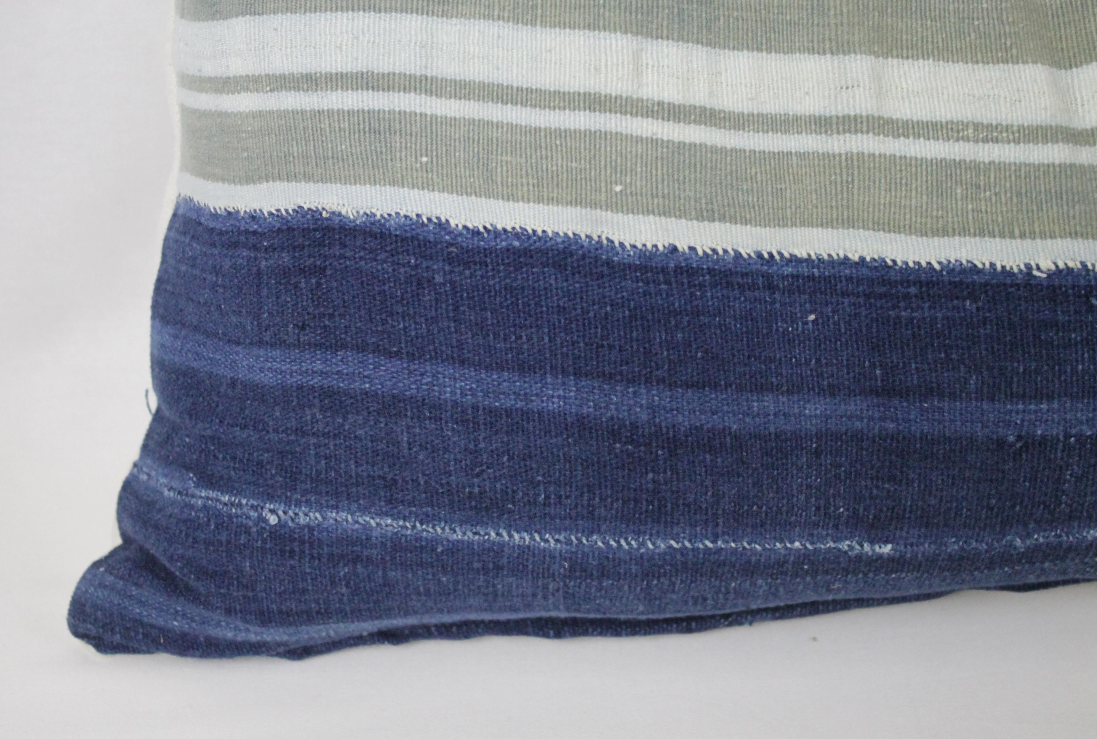 Vintage Indigo Blue Horizontal Stripe Batik Style Pillow 1