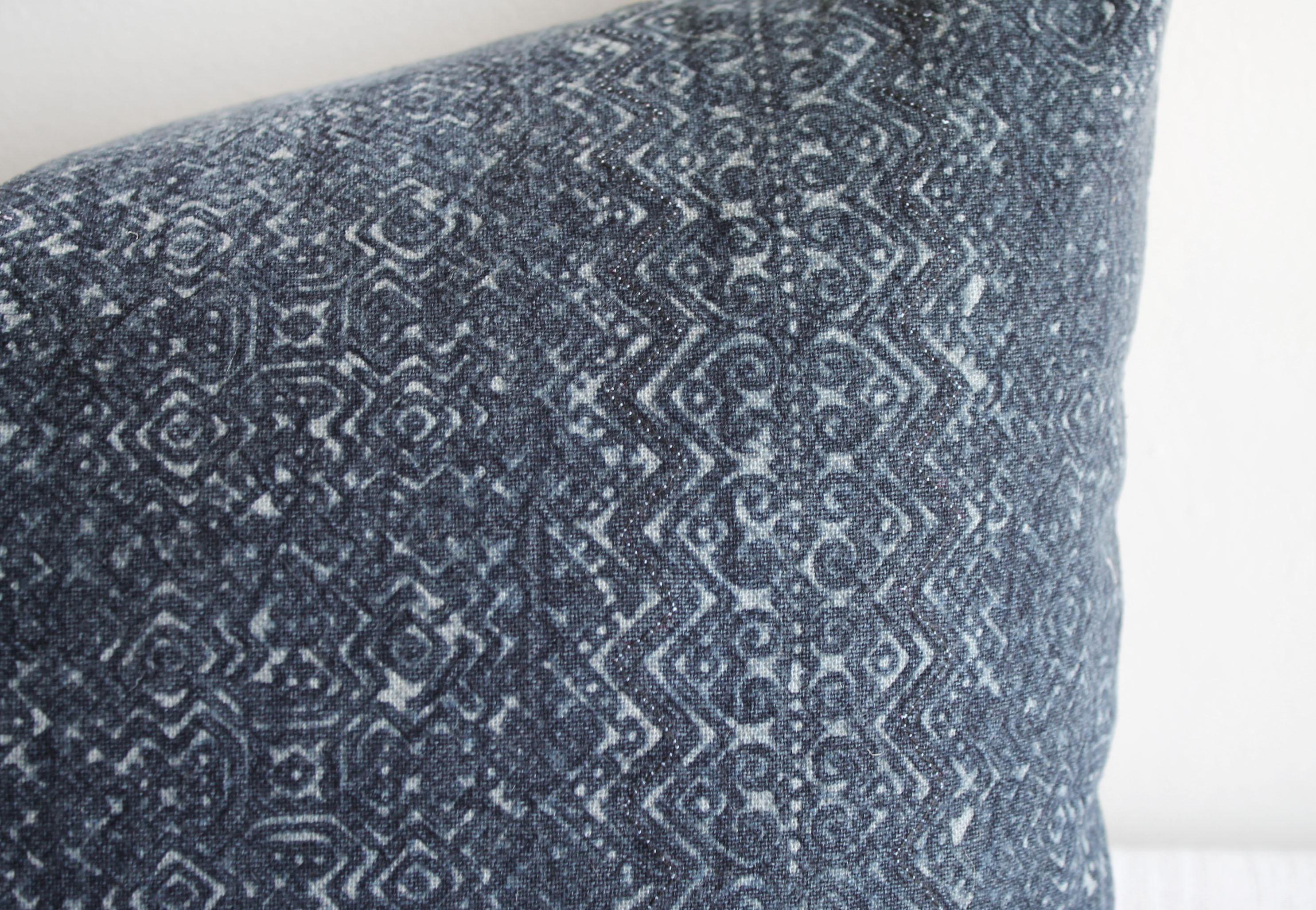 Contemporary Vintage Indigo Faded Blue Batik Lumbar Pillow