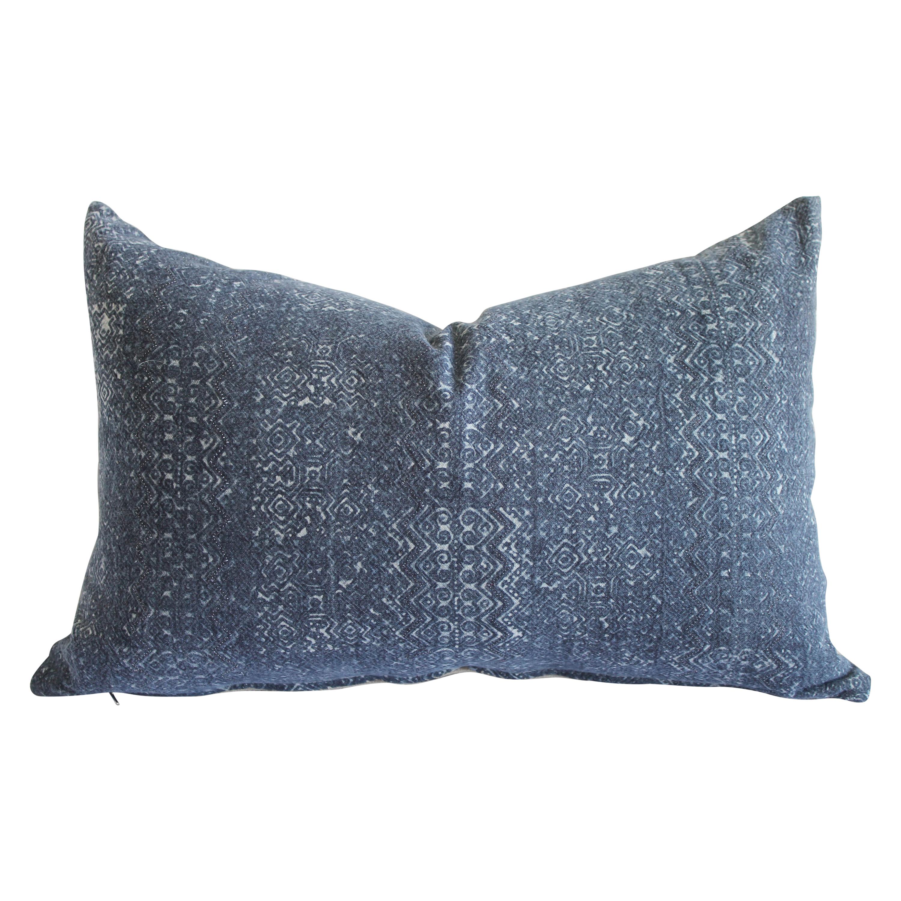 Vintage Indigo Faded Blue Batik Lumbar Pillow