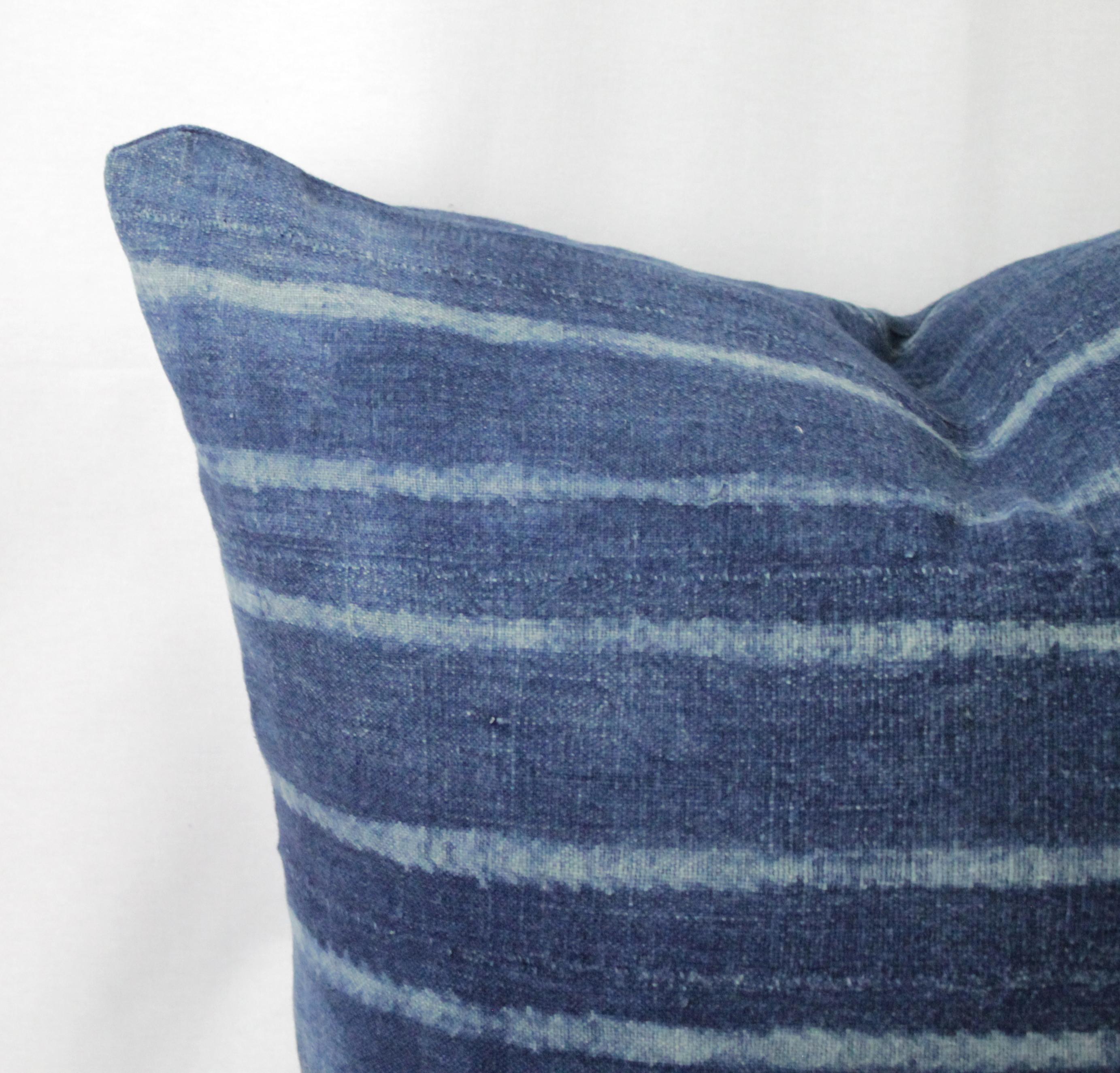 Vintage Indigo Horizontal Stripe Batik Style Pillow In Good Condition In Brea, CA
