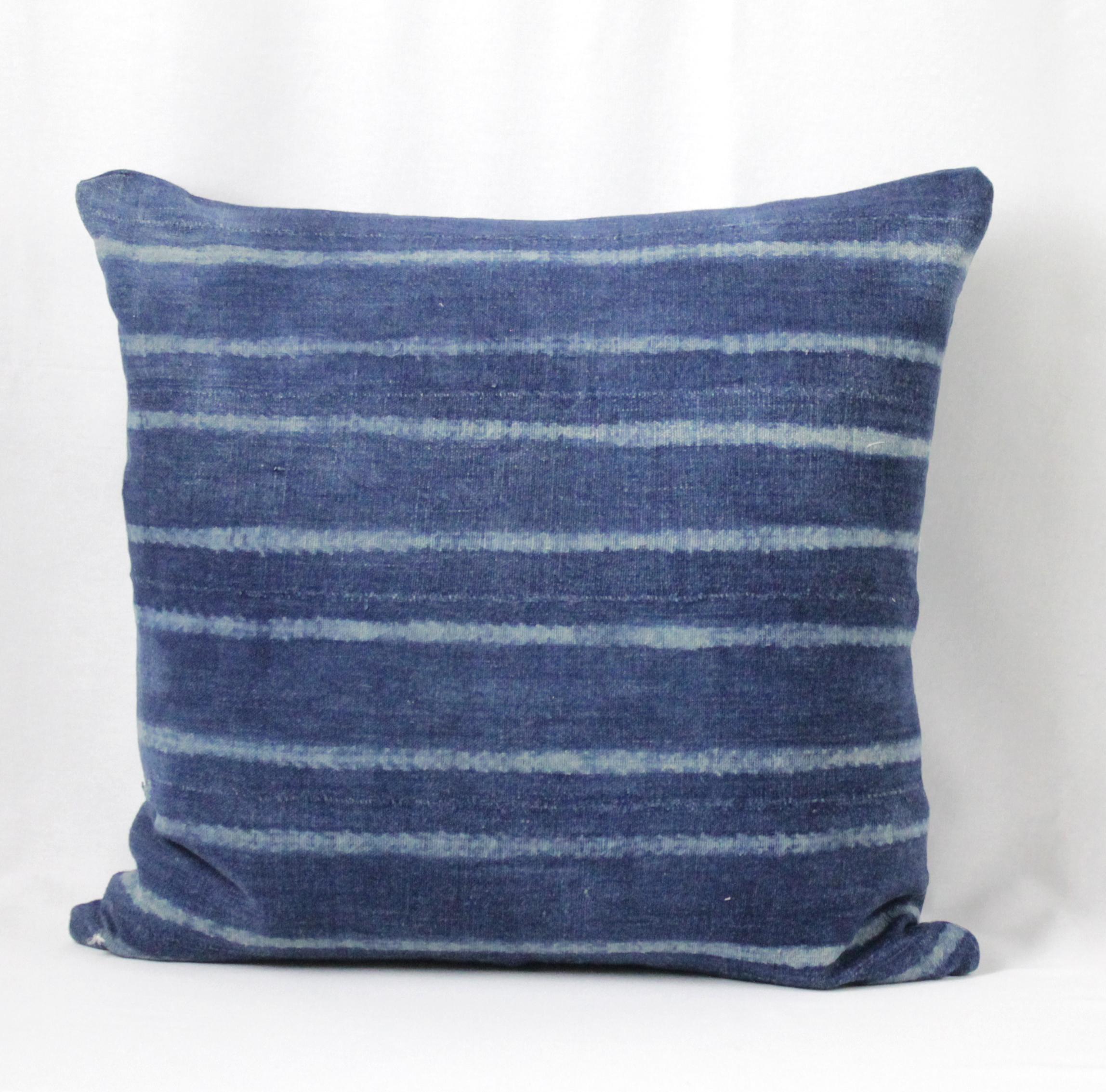 Vintage Indigo Horizontal Stripe Batik Style Pillow 3