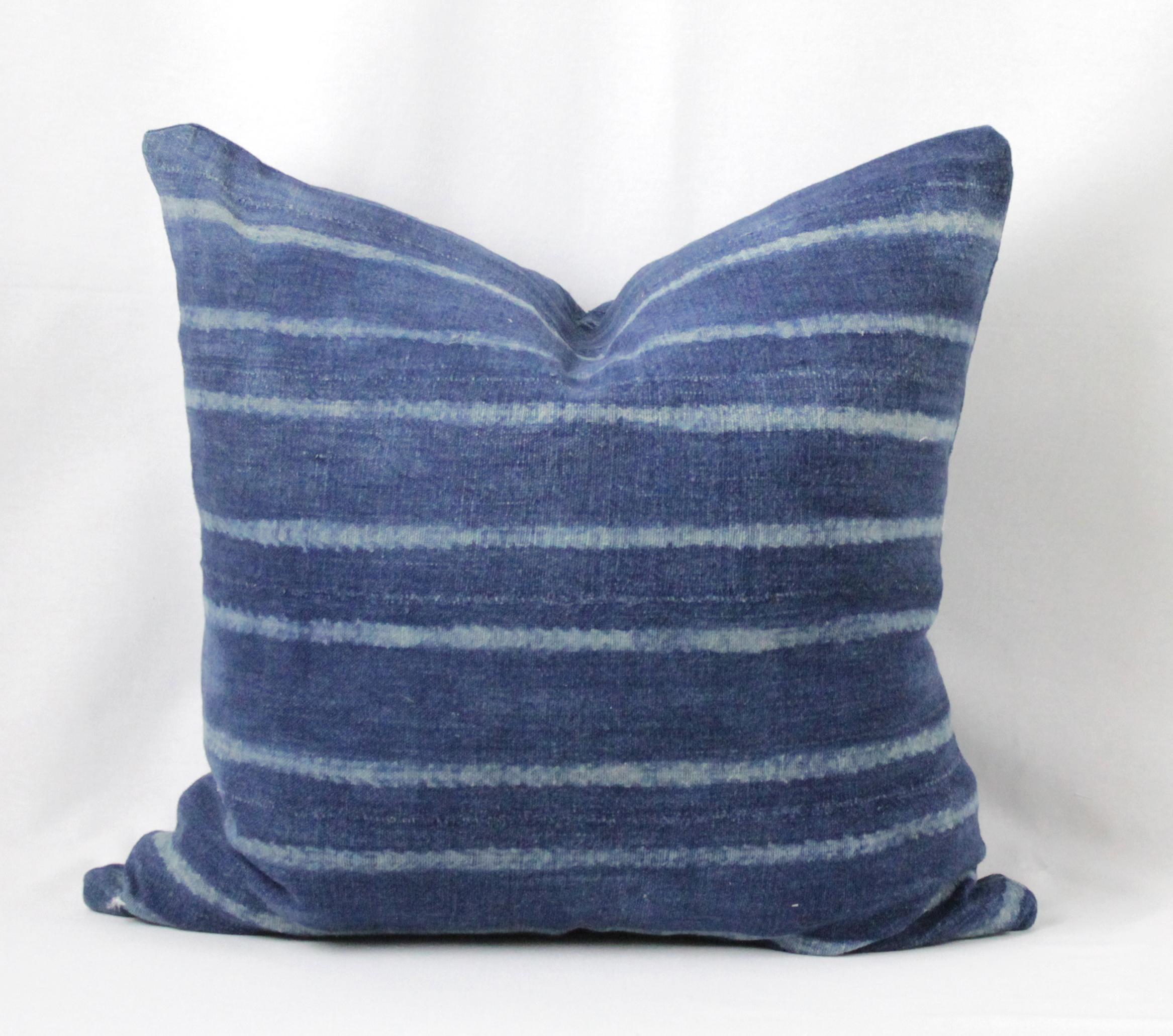 Vintage Indigo Horizontal Stripe Batik Style Pillow 4