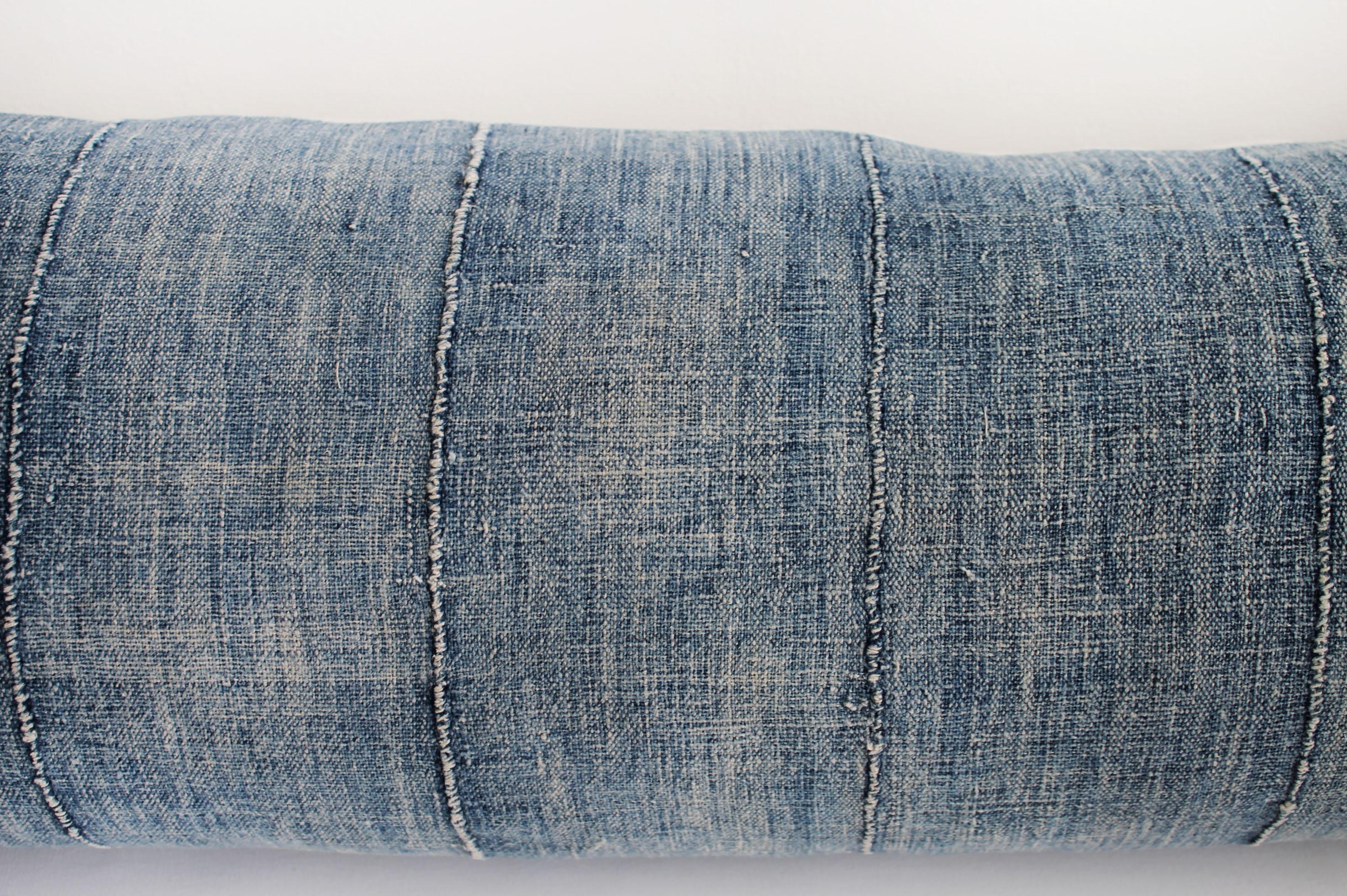 North American Vintage Indigo Mud Cloth Lumbar Roll Pillow