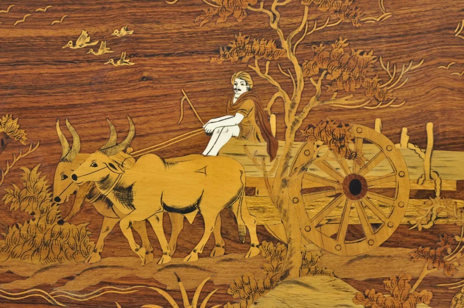 Vintage Indo Indian Marquetry & Bone Inlay Rosewood Panel Plaque - a Pair For Sale 3