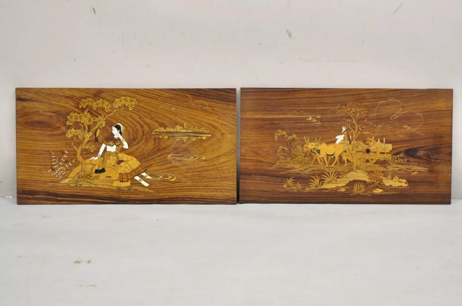 Vintage Indo Indian Marquetry & Bone Inlay Rosewood Panel Plaque - a Pair For Sale 5