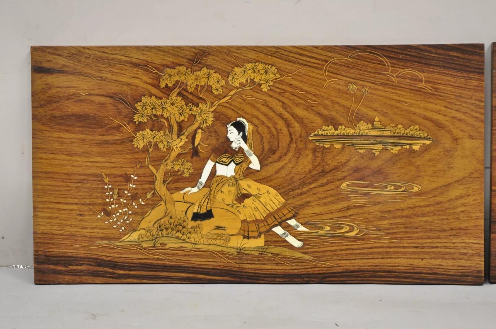 Vintage Indo Indian Marquetry and Bone Inlay Figural Wood Panel Plaques - a Pair. Circa Mid 20th Century. Measurements: 13