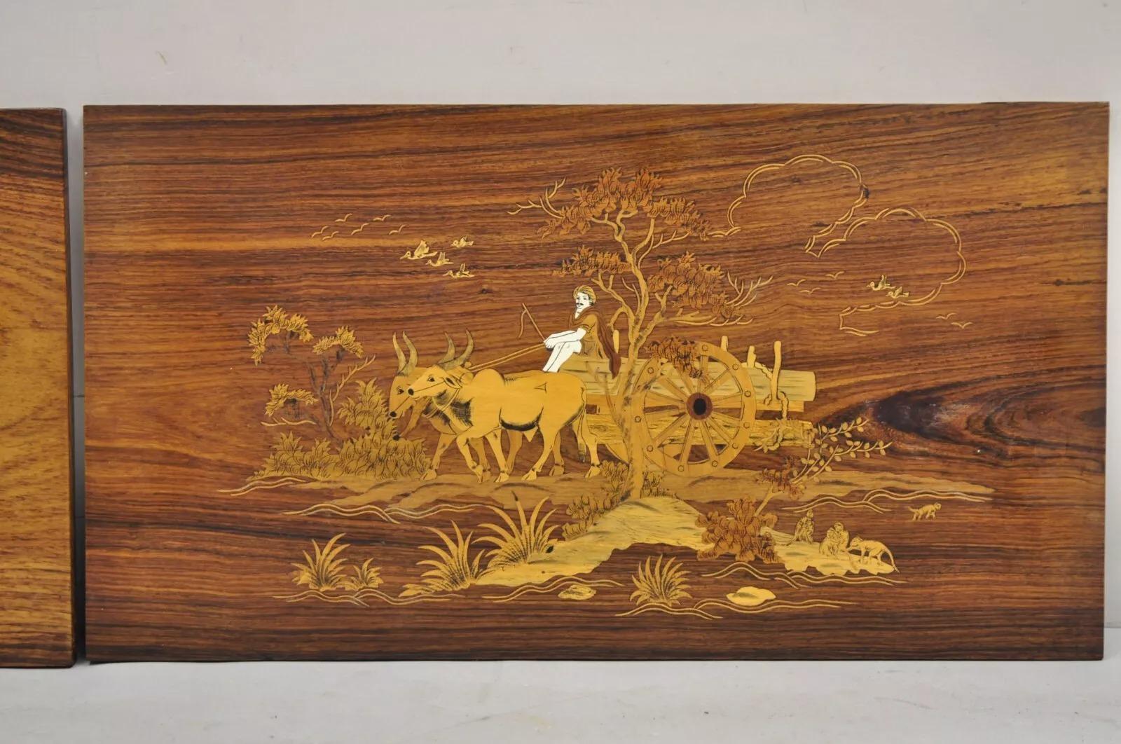 Other Vintage Indo Indian Marquetry & Bone Inlay Rosewood Panel Plaque - a Pair For Sale