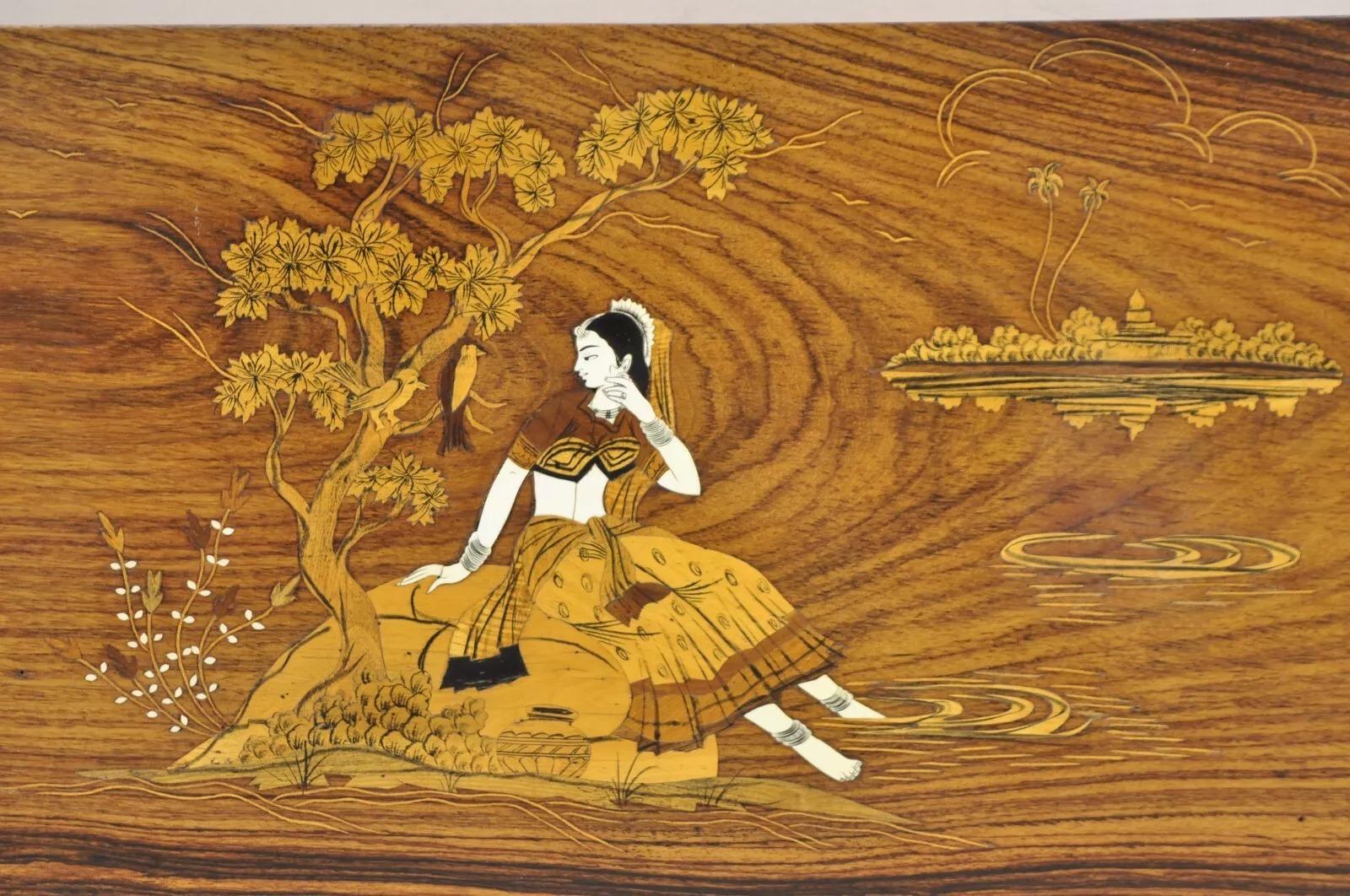 Unknown Vintage Indo Indian Marquetry & Bone Inlay Rosewood Panel Plaque - a Pair For Sale