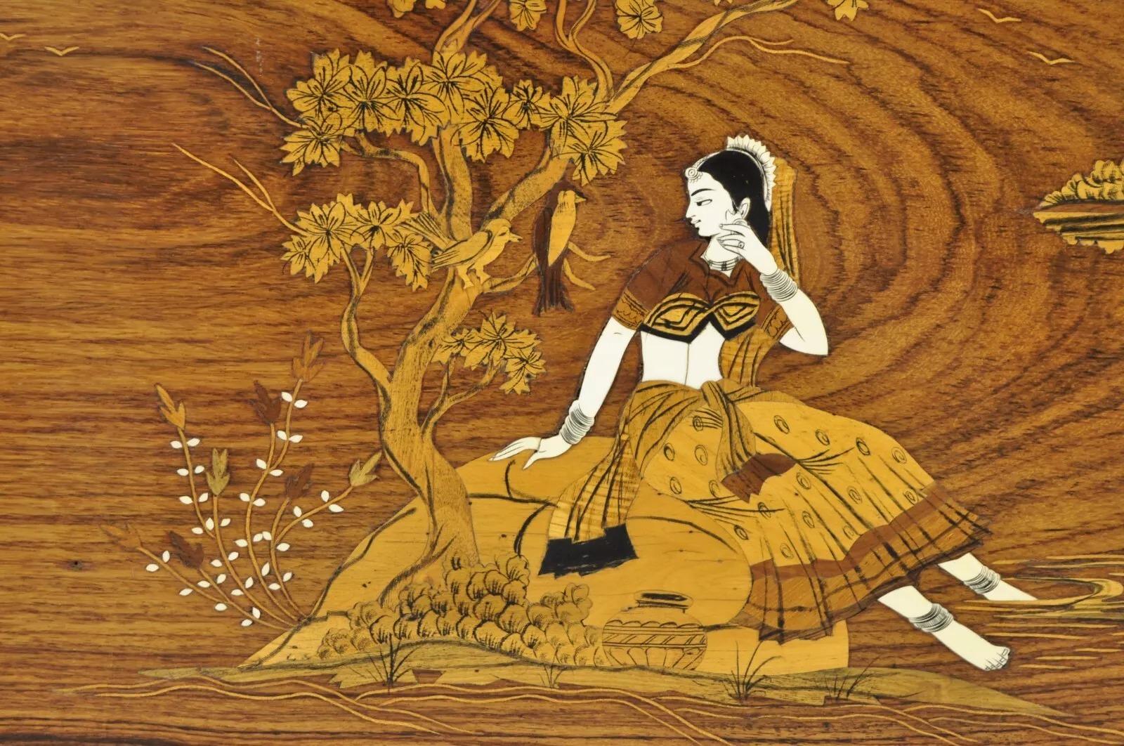 Vintage Indo Indian Marquetry & Bone Inlay Rosewood Panel Plaque - a Pair In Good Condition For Sale In Philadelphia, PA