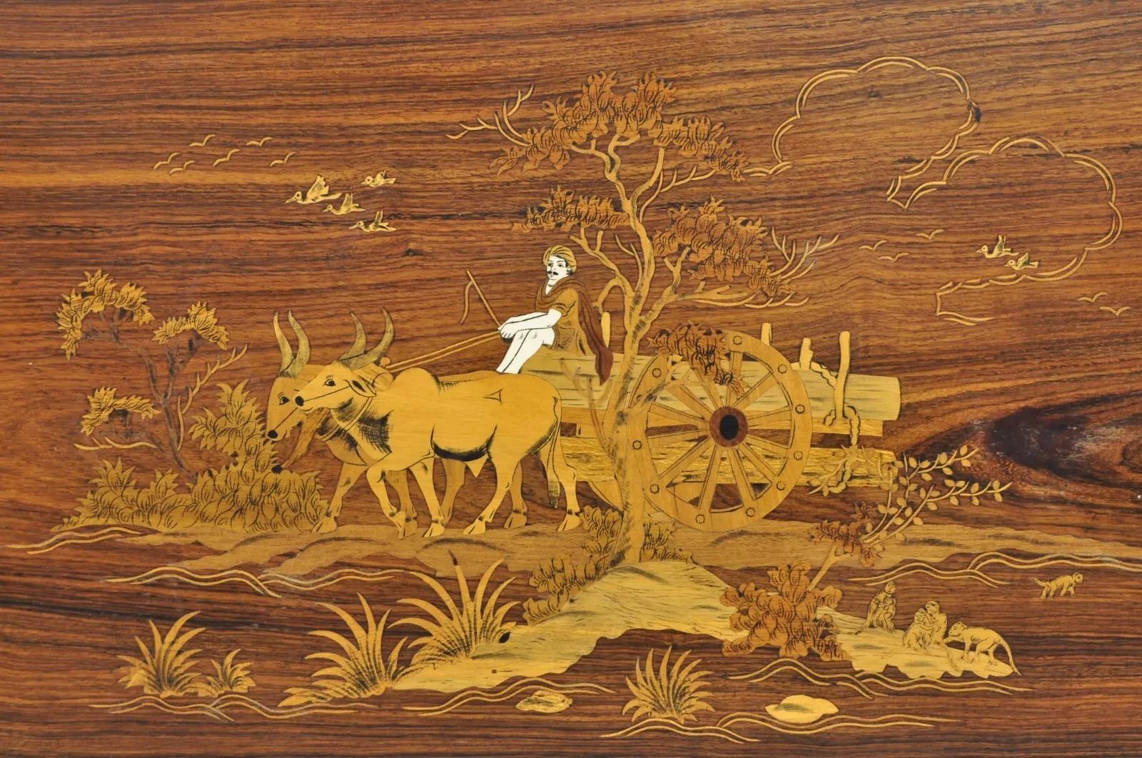 Vintage Indo Indian Marquetry & Bone Inlay Rosewood Panel Plaque - a Pair For Sale 2