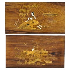 Vintage Indo Indian Marquetry & Bone Inlay Rosewood Panel Plaque - a Pair