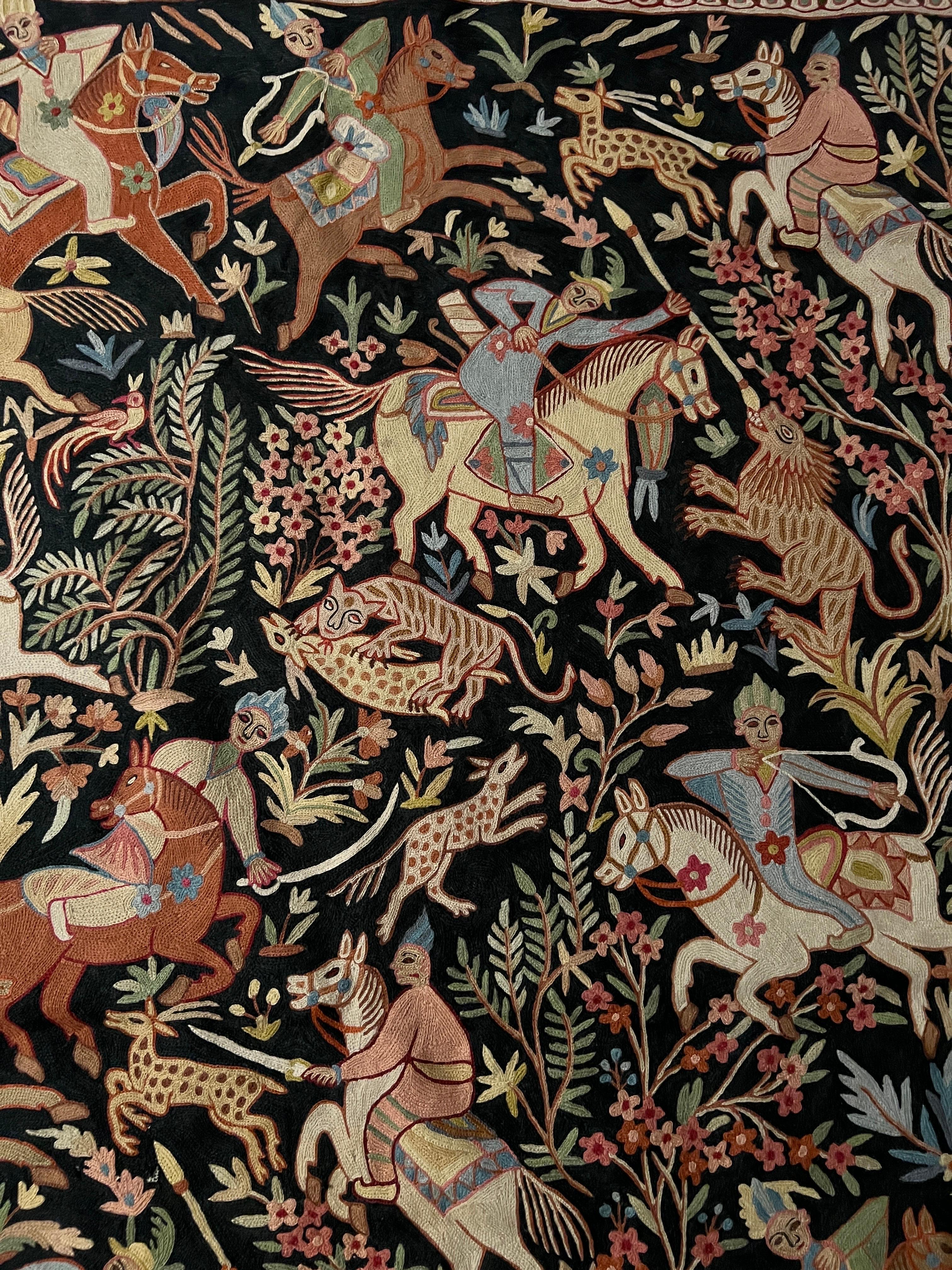 Vintage Indo-Persian Kashmiri Hand Woven Qum Design Hunting Scene Tapestry Rug For Sale 3