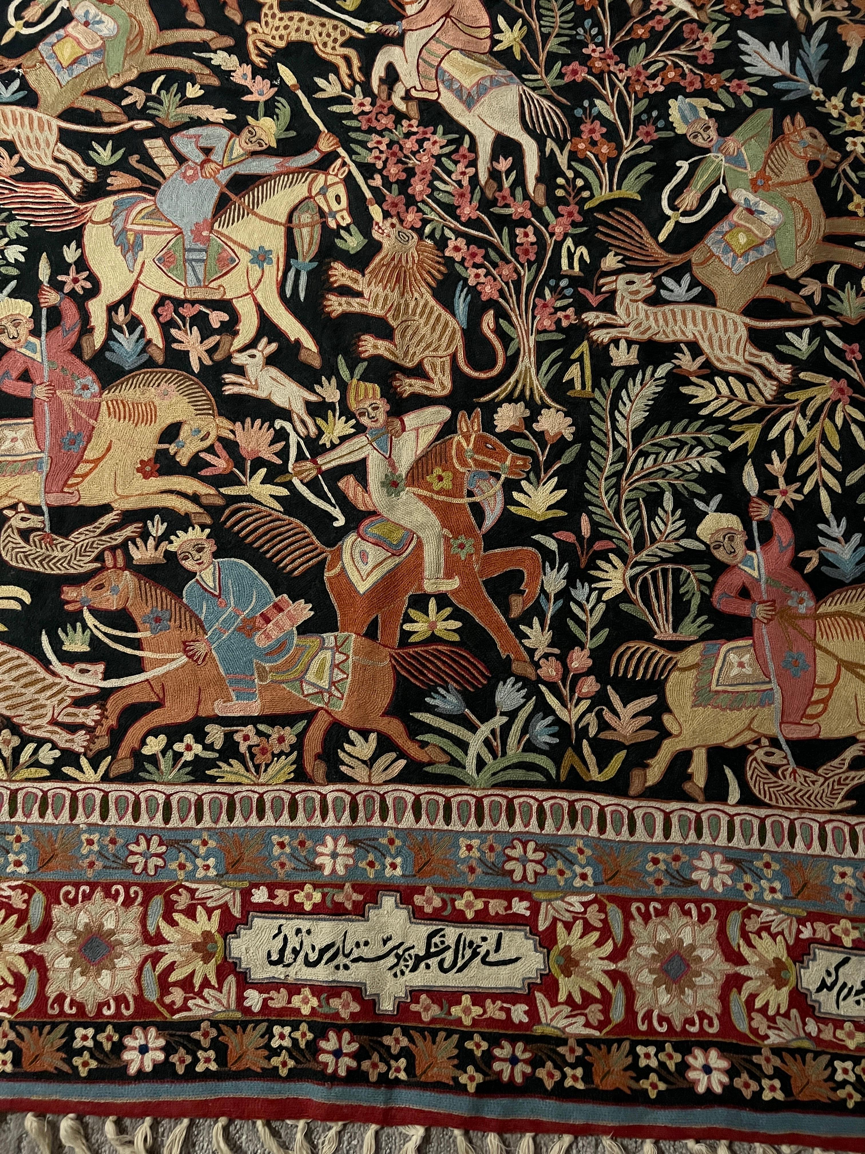 Indian Vintage Indo-Persian Kashmiri Hand Woven Qum Design Hunting Scene Tapestry Rug For Sale