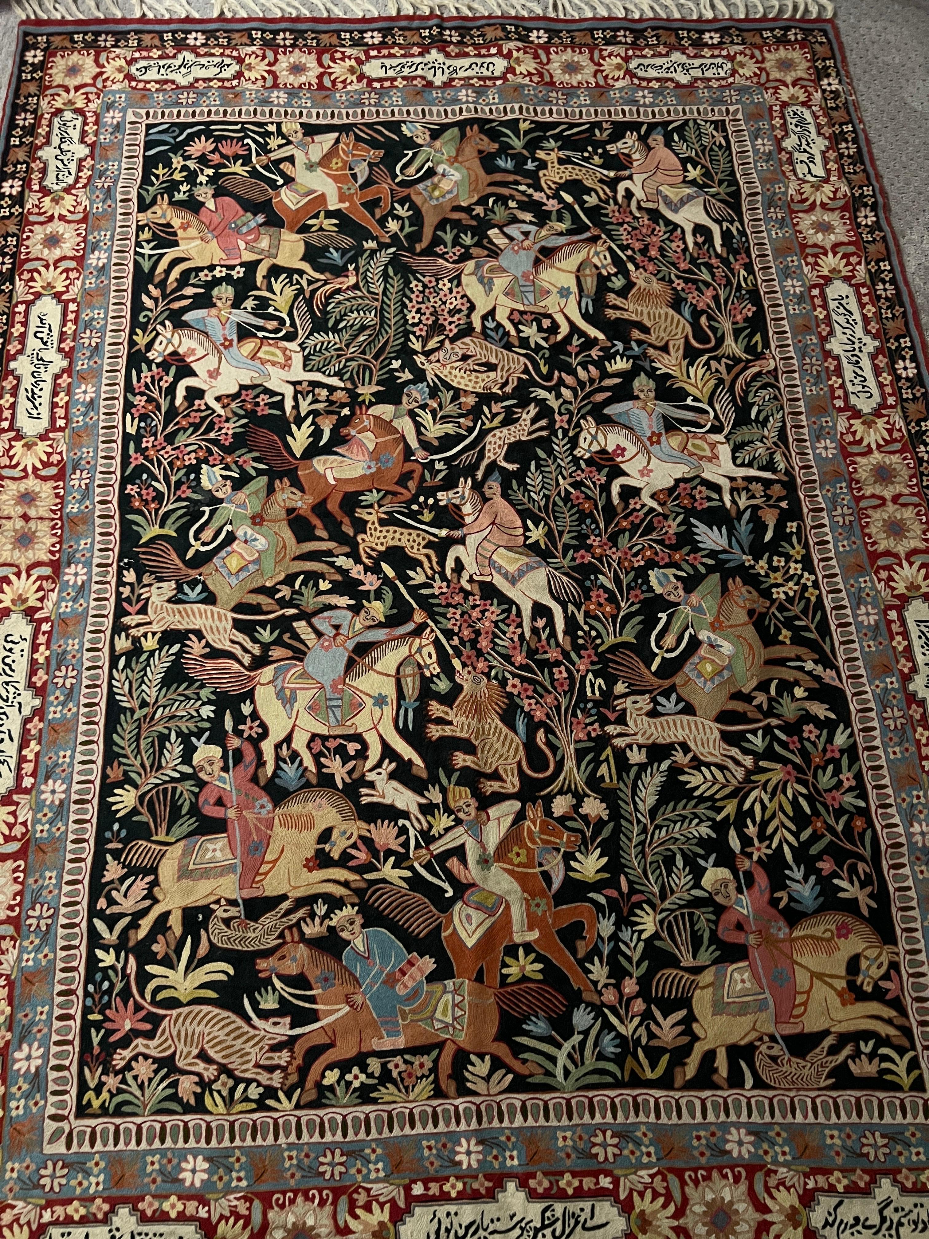 20th Century Vintage Indo-Persian Kashmiri Hand Woven Qum Design Hunting Scene Tapestry Rug For Sale