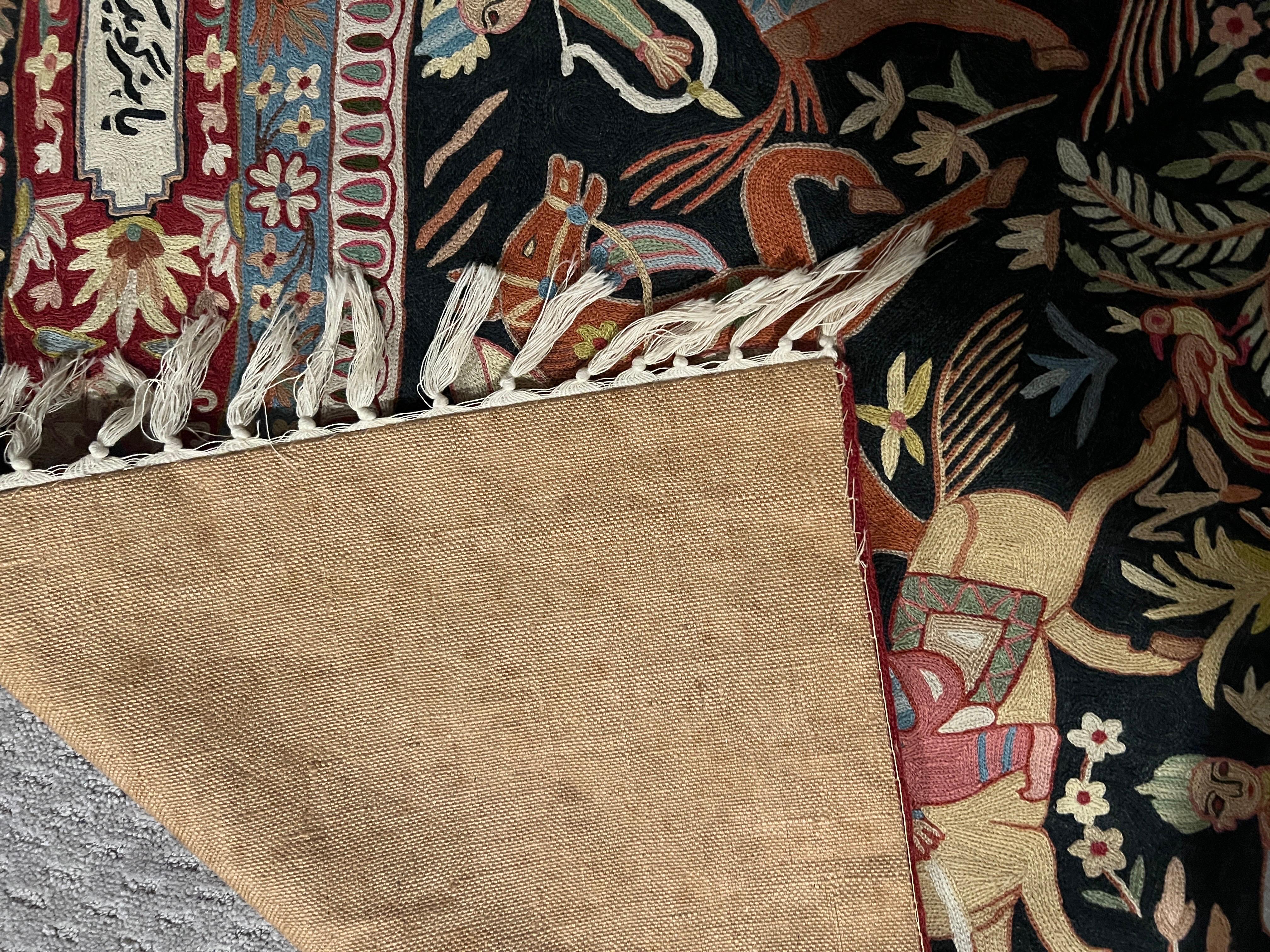 Wool Vintage Indo-Persian Kashmiri Hand Woven Qum Design Hunting Scene Tapestry Rug For Sale