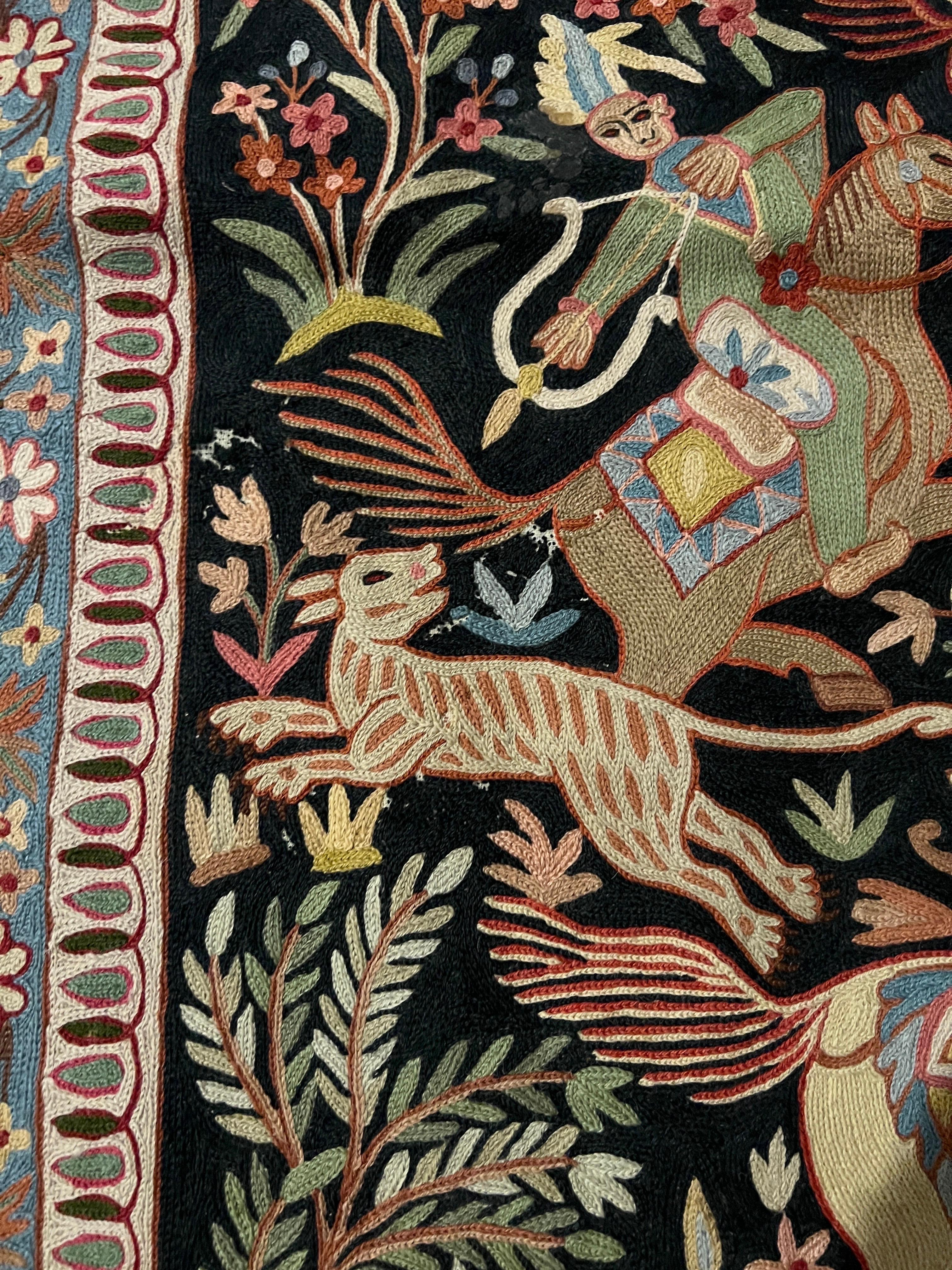 Vintage Indo-Persian Kashmiri Hand Woven Qum Design Hunting Scene Tapestry Rug For Sale 2