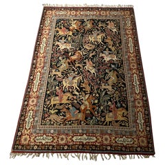 Vintage Indo-Persian Kashmiri Hand Woven Qum Design Hunting Scene Tapestry Rug