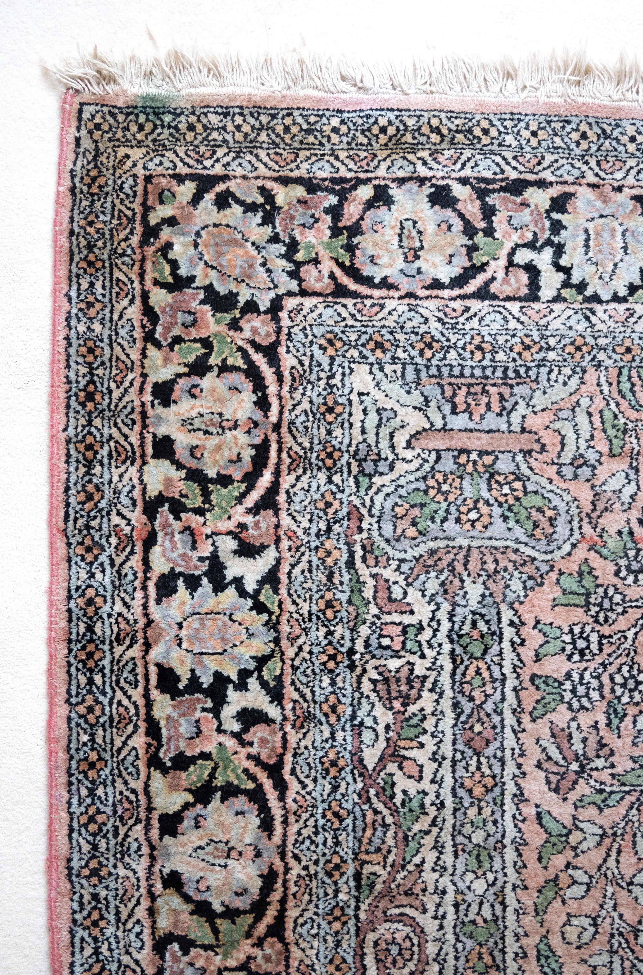 Hand-Knotted Vintage Indo Persian Rug 153 x 94 c Pink, Black, Blue C.1970 For Sale