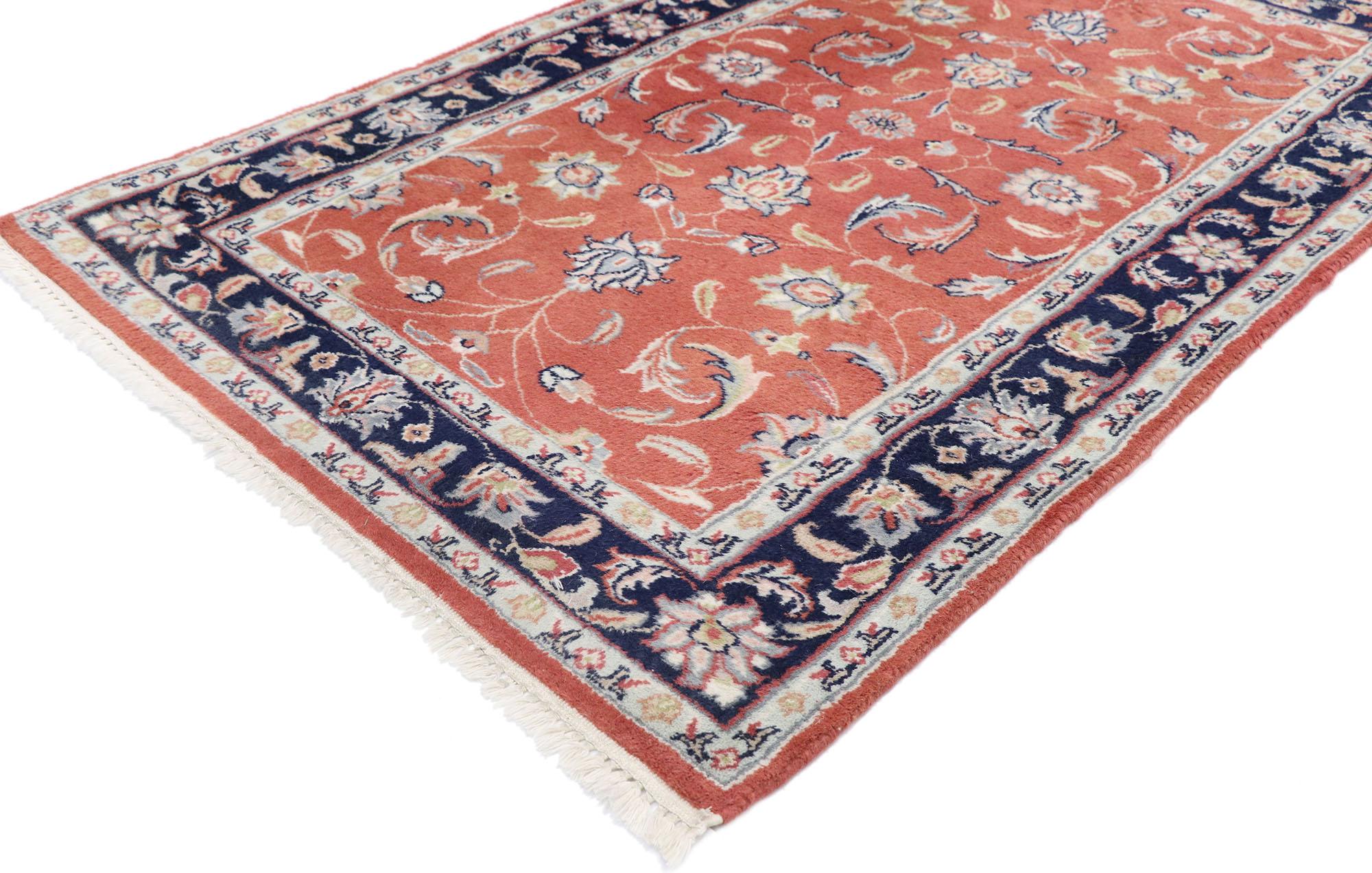 77602, vintage Persian Indian Rug with New England Cape Cod Cottage style. With a timeless design and defining colors, this hand-knotted wool vintage Persian Indian rug beautifully embodies a charming New England Cape Cod style. The abrashed red