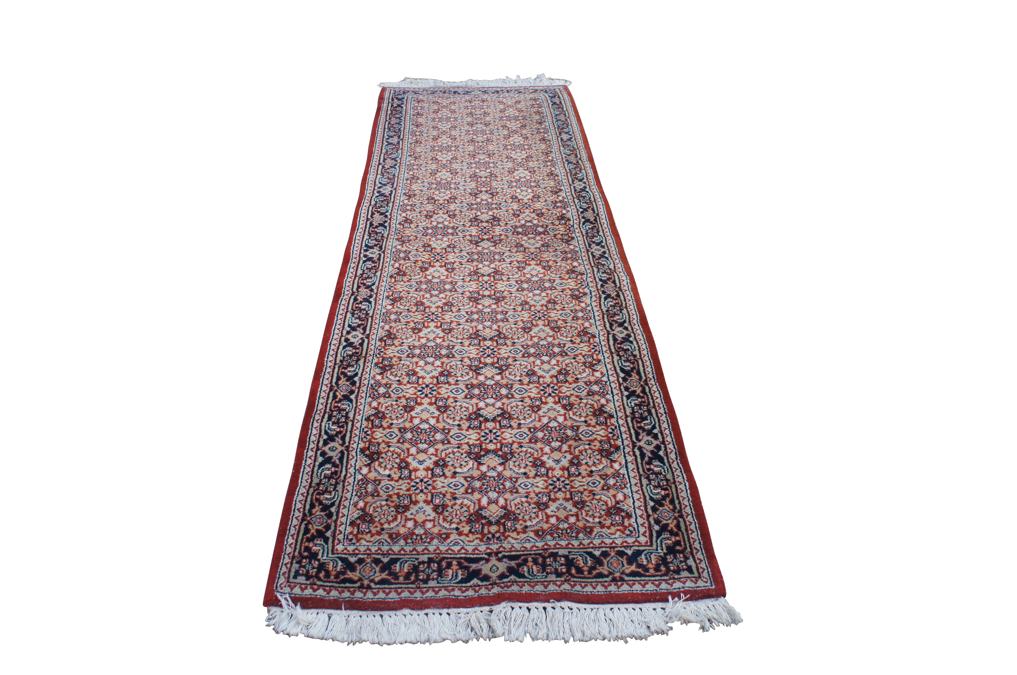 Vintage Indo-Tabriz Hand Knotted Wool Red & Blue Runner Rug 2.5' x 8' In Good Condition For Sale In Dayton, OH