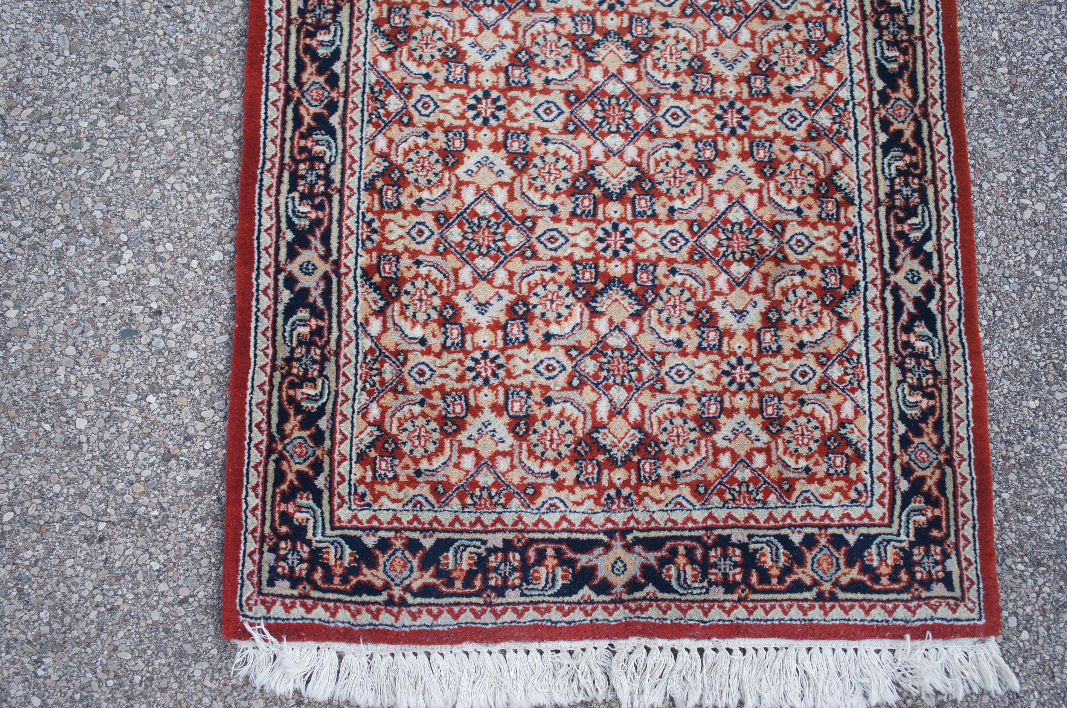 Vintage Indo-Tabriz Hand Knotted Wool Red & Blue Runner Rug 2.5' x 8' For Sale 1