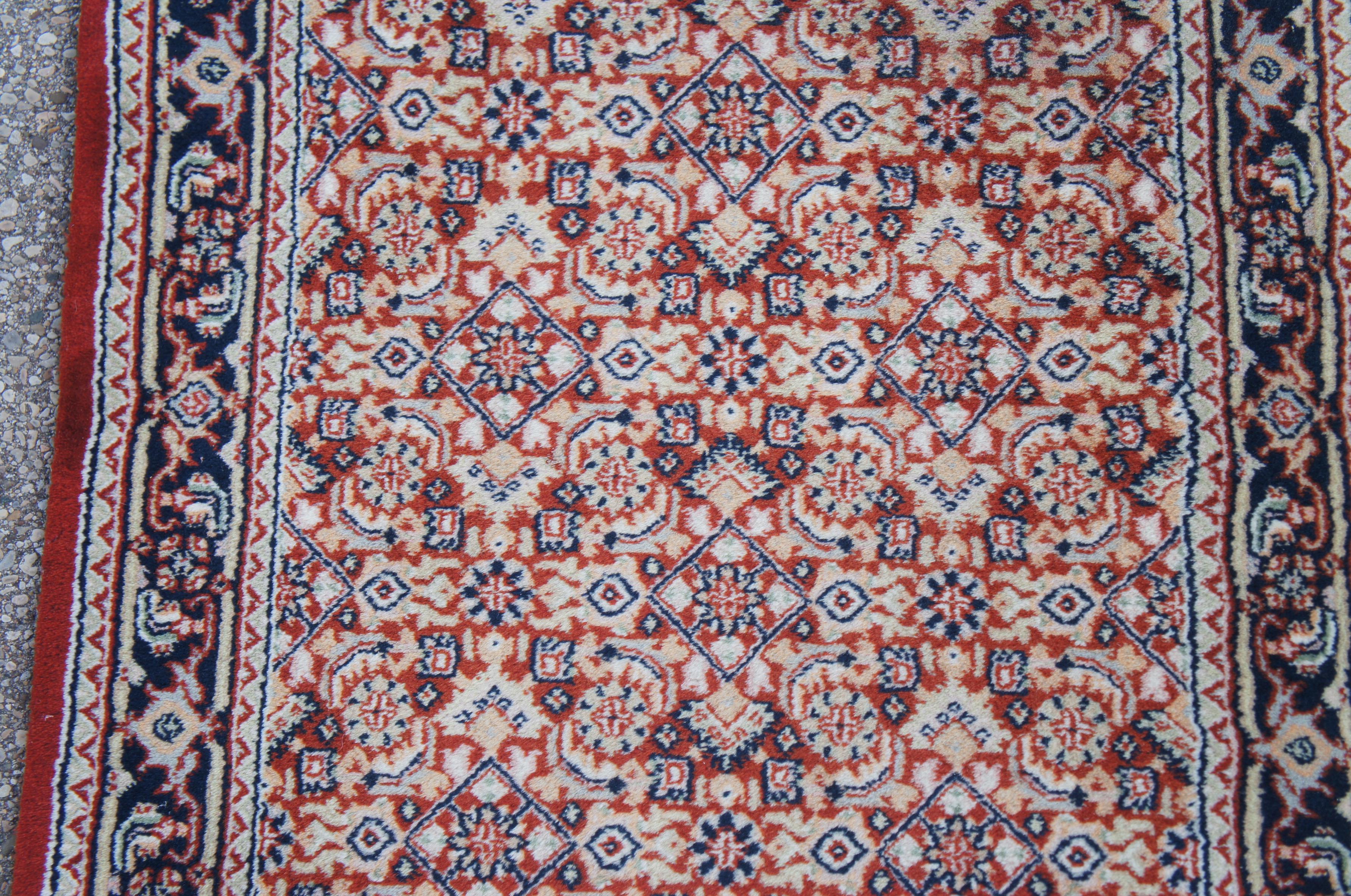 Vintage Indo-Tabriz Hand Knotted Wool Red & Blue Runner Rug 2.5' x 8' For Sale 2
