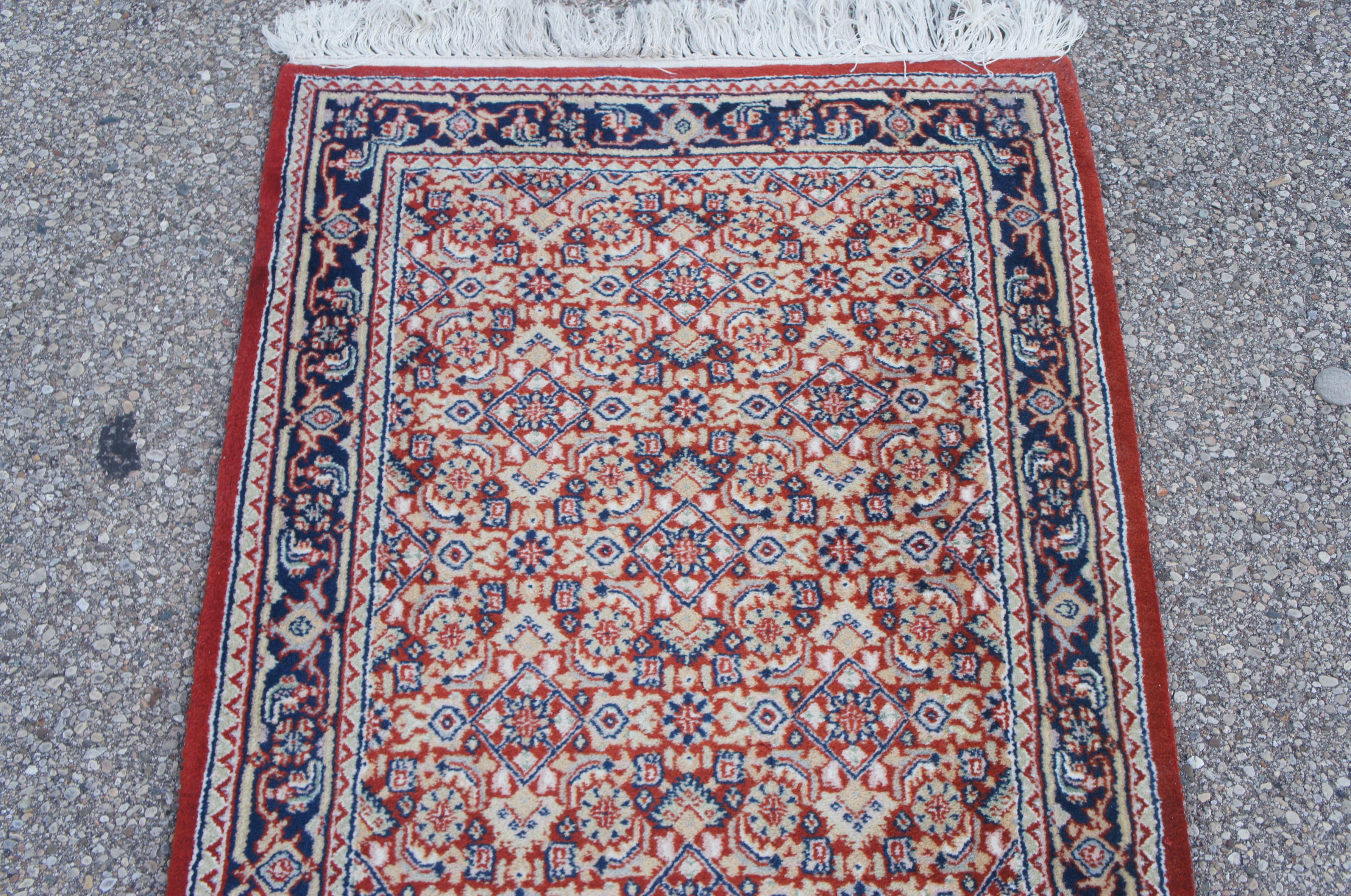 Vintage Indo-Tabriz Hand Knotted Wool Red & Blue Runner Rug 2.5' x 8' For Sale 4