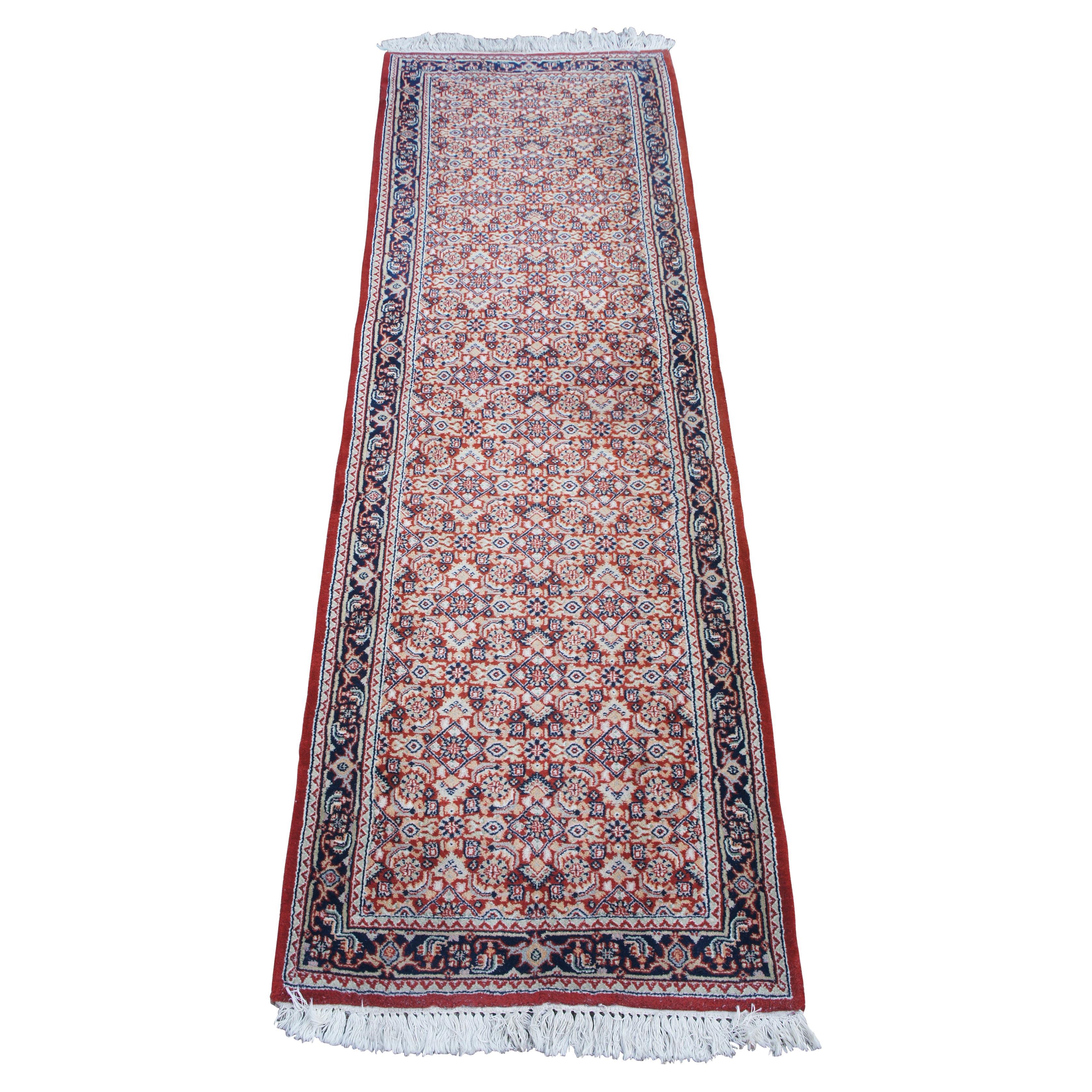 Vintage Indo-Tabriz Hand Knotted Wool Red & Blue Runner Rug 2.5' x 8' For Sale