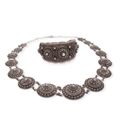 Vintage Indochina Silver Filigree Medallion Necklace and Cuff Bracelet Set