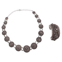 Vintage Indochina Silver Filigree Medallion Necklace and Cuff Bracelet Set